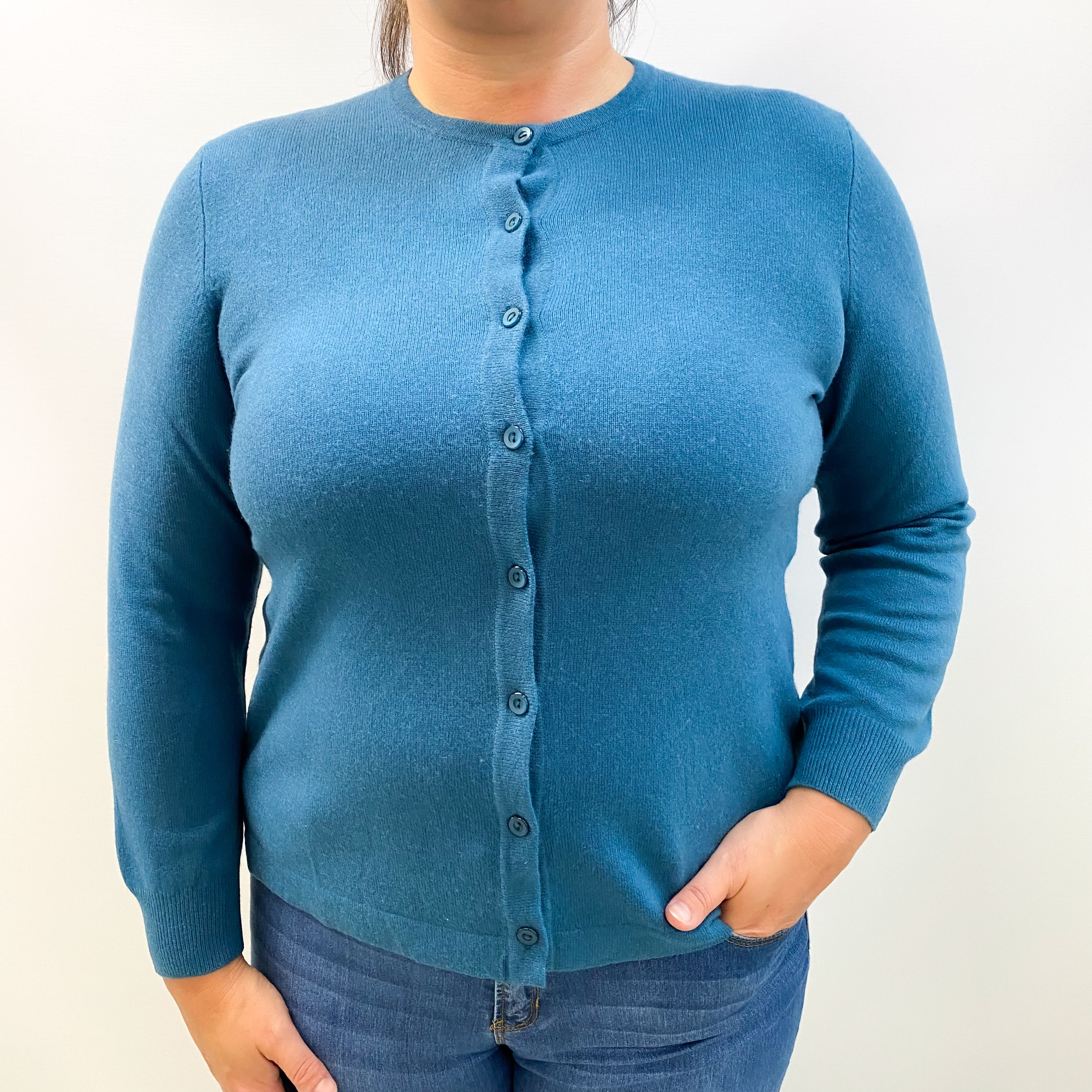 Mediterranean Blue Cashmere Crew Neck Cardigan Large