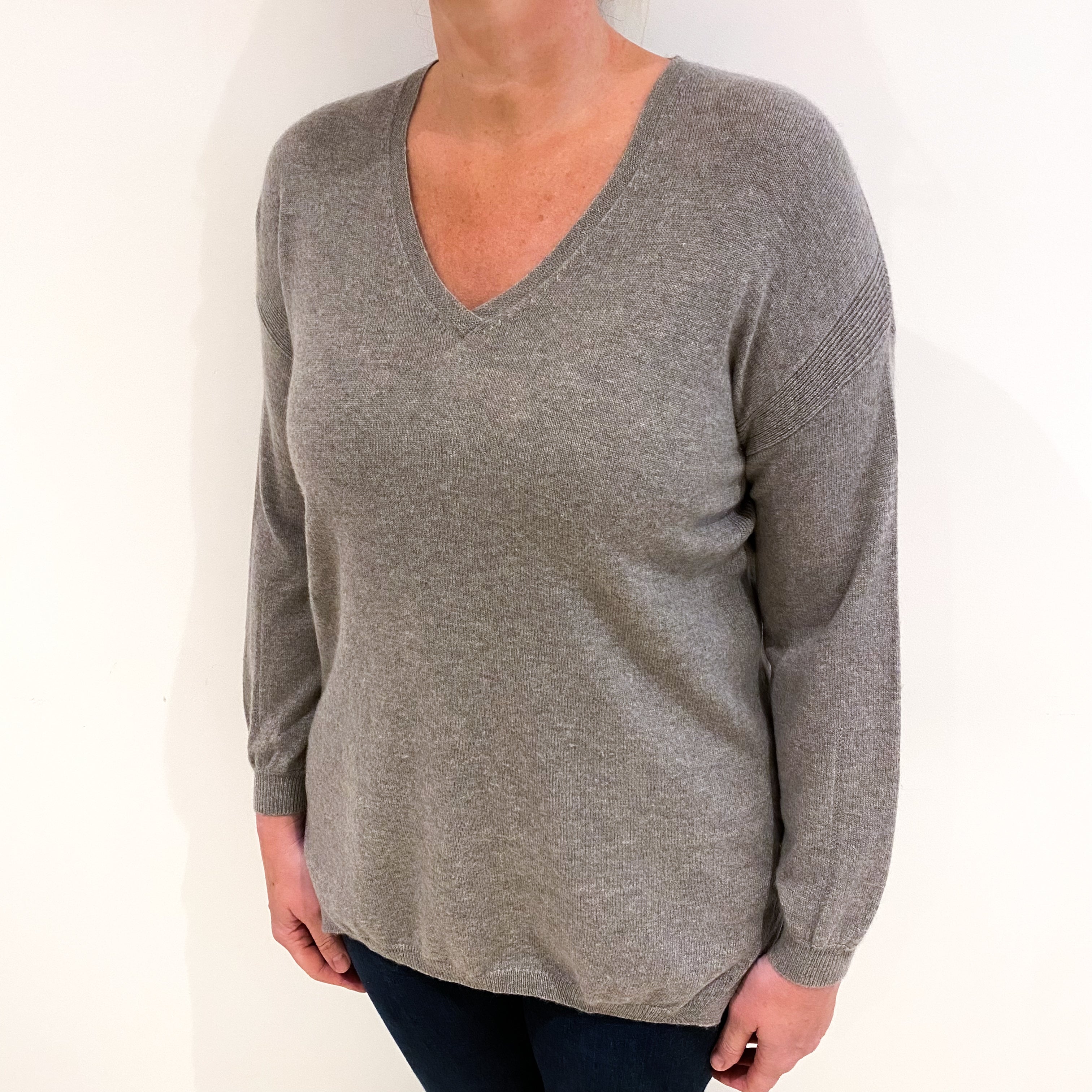 Mink Brown Cashmere V Neck Jumper Large