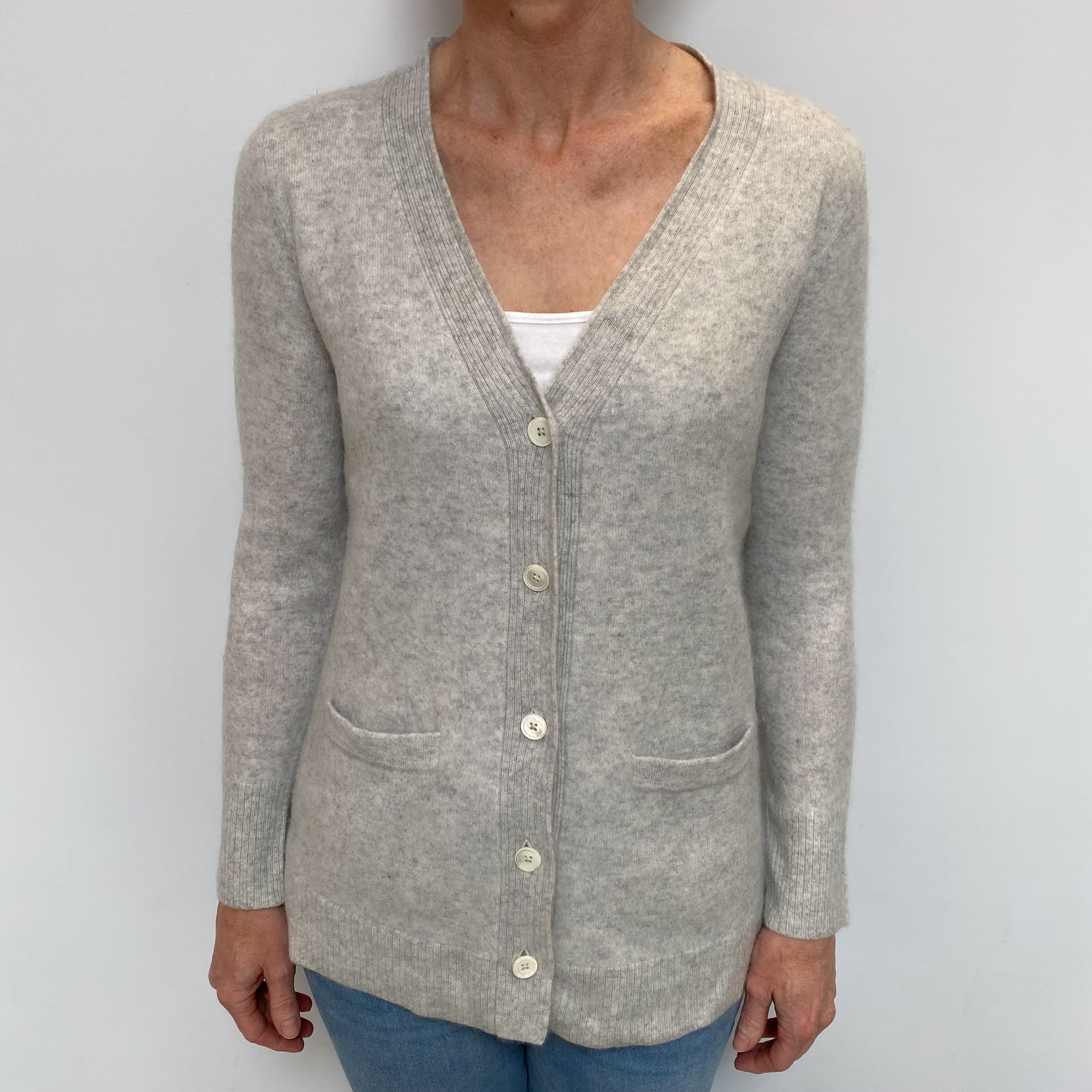 Mist Grey Cashmere V Neck Cardigan with Pockets Small