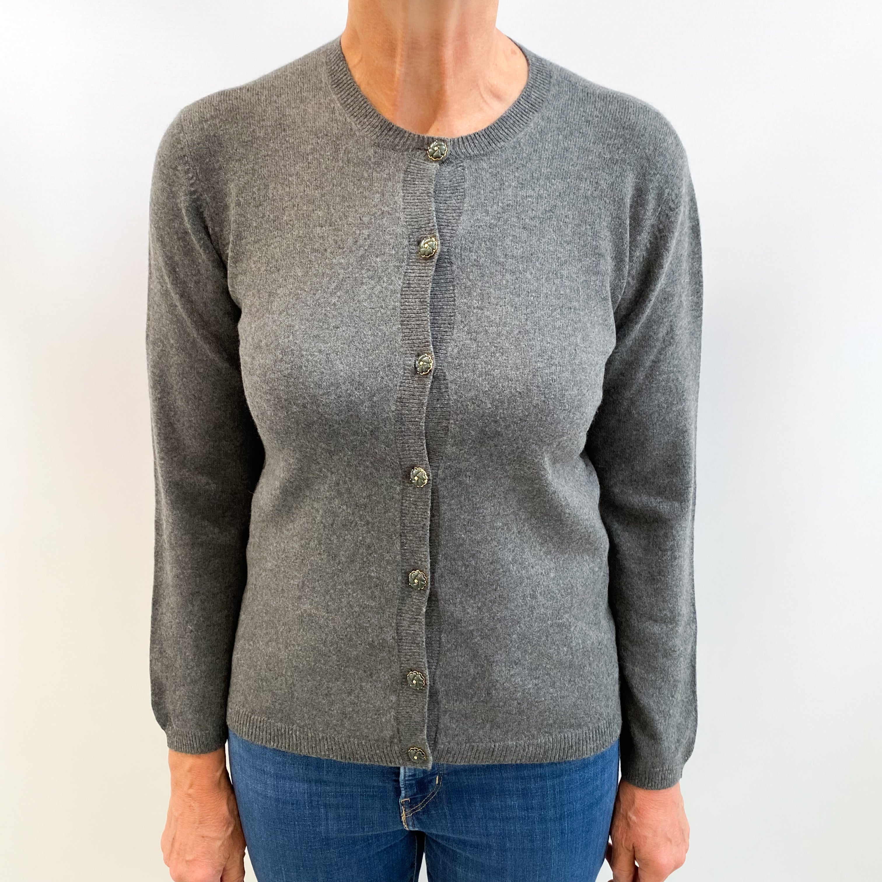 Slate Grey Cashmere Crew Neck Cardigan Medium