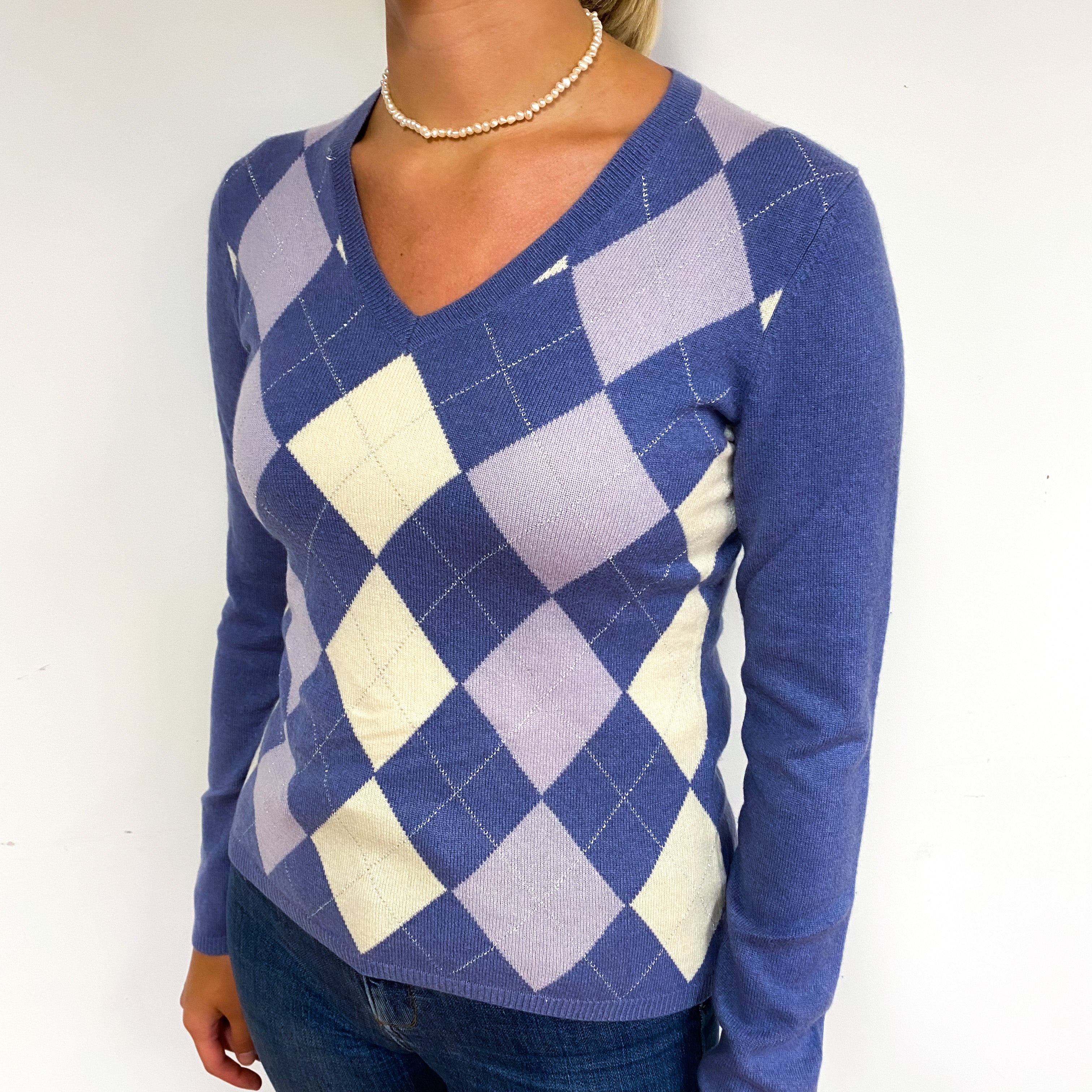Purple Diamond Pattern Cashmere V-Neck Jumper Small