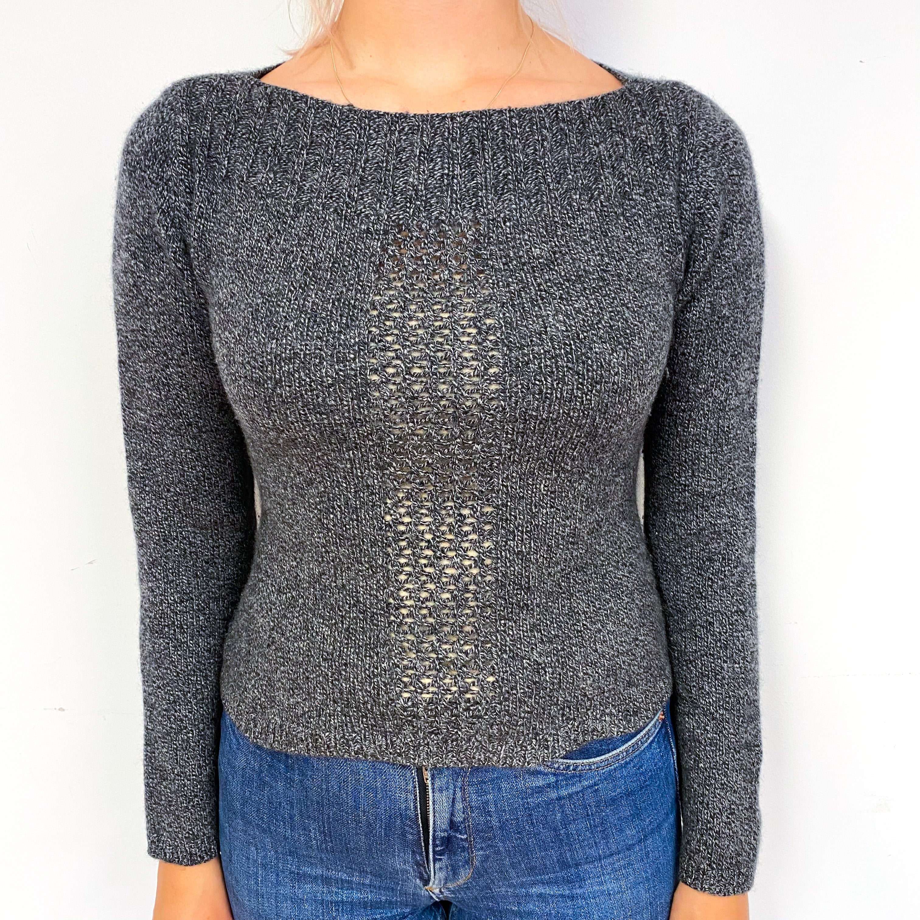 Grey Marl Mesh Back Cashmere Crew Neck Jumper Small