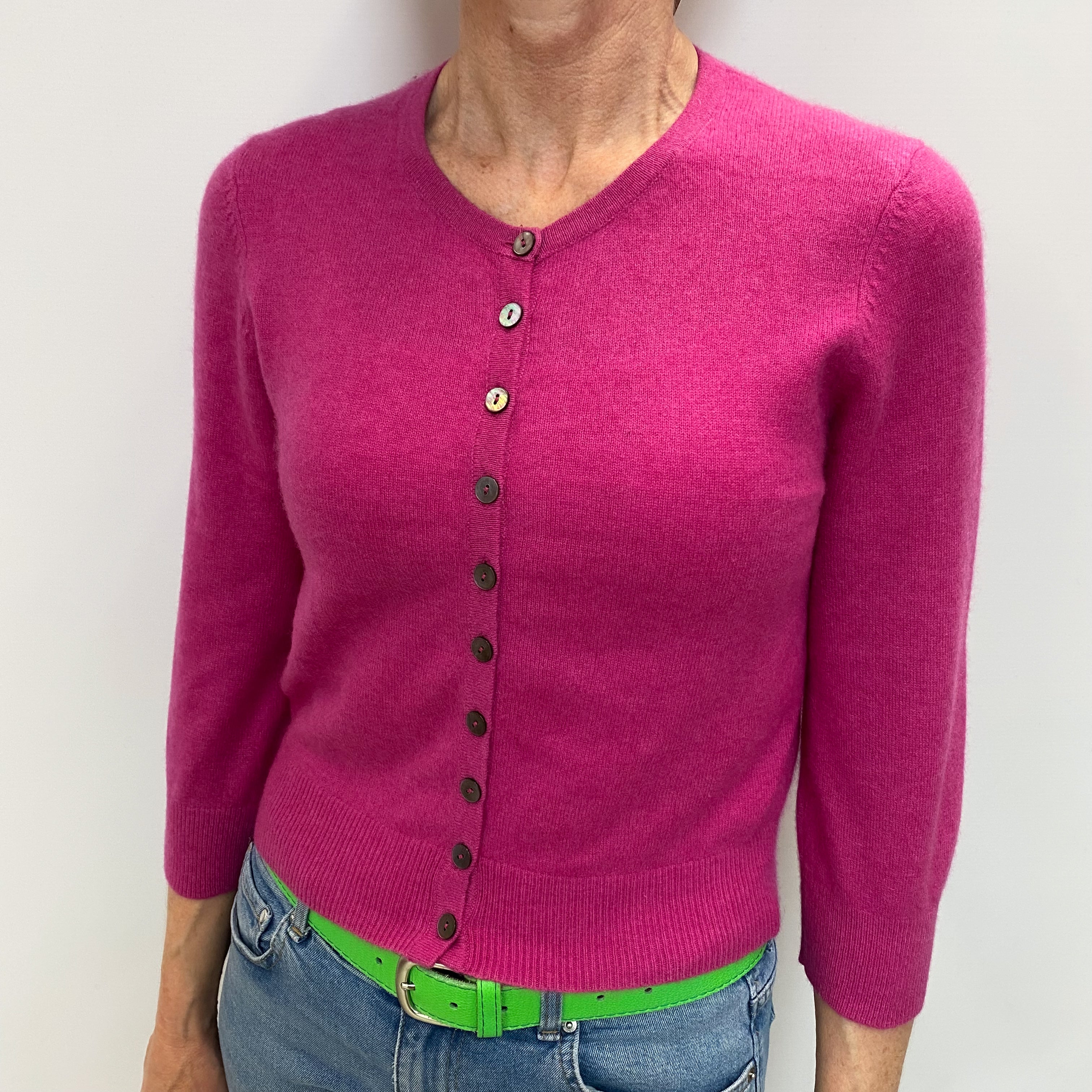 Fuchsia Pink Cashmere Crew Neck Cardigan Small