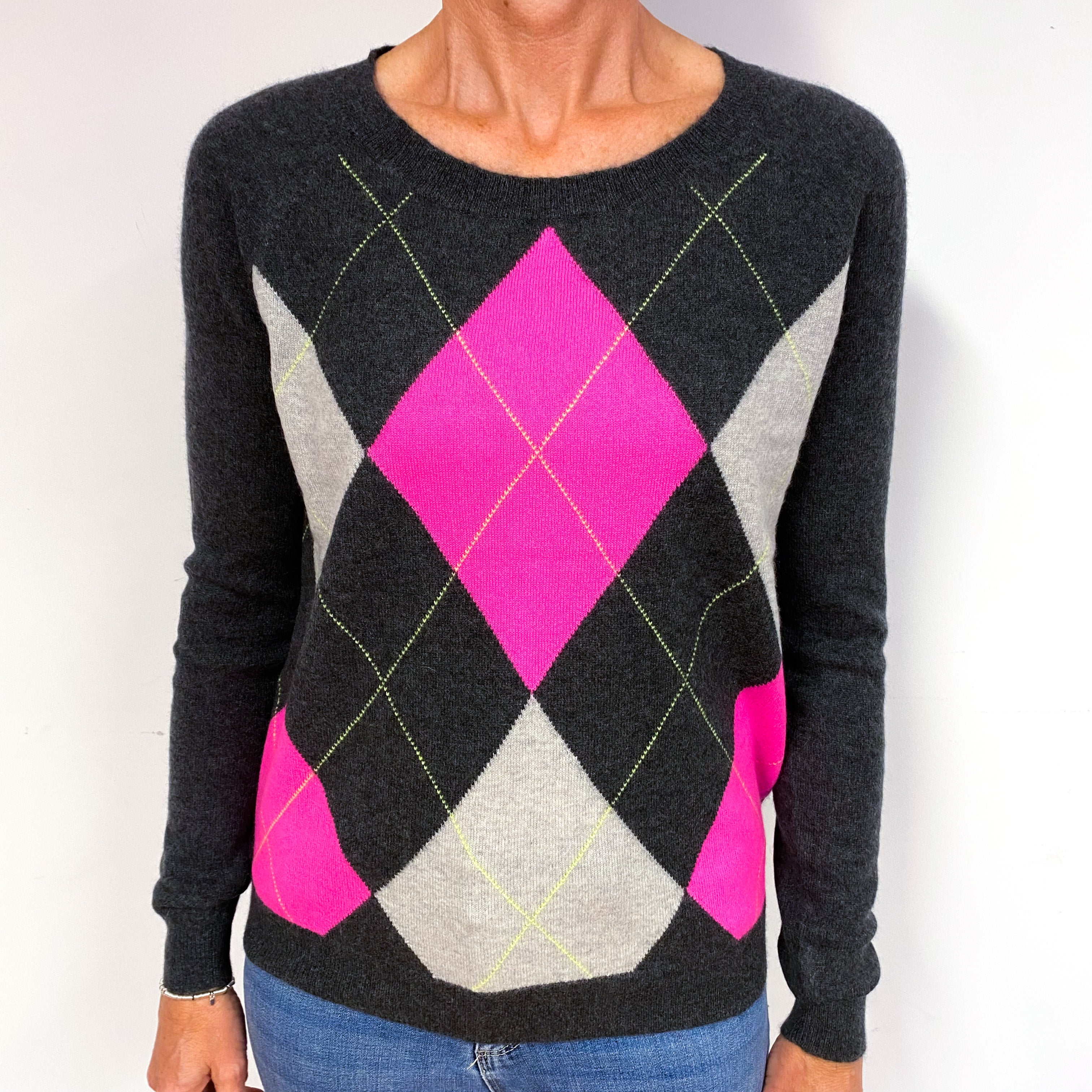 Charcoal Hot Pink Diamond Cashmere Crew Neck Jumper Medium