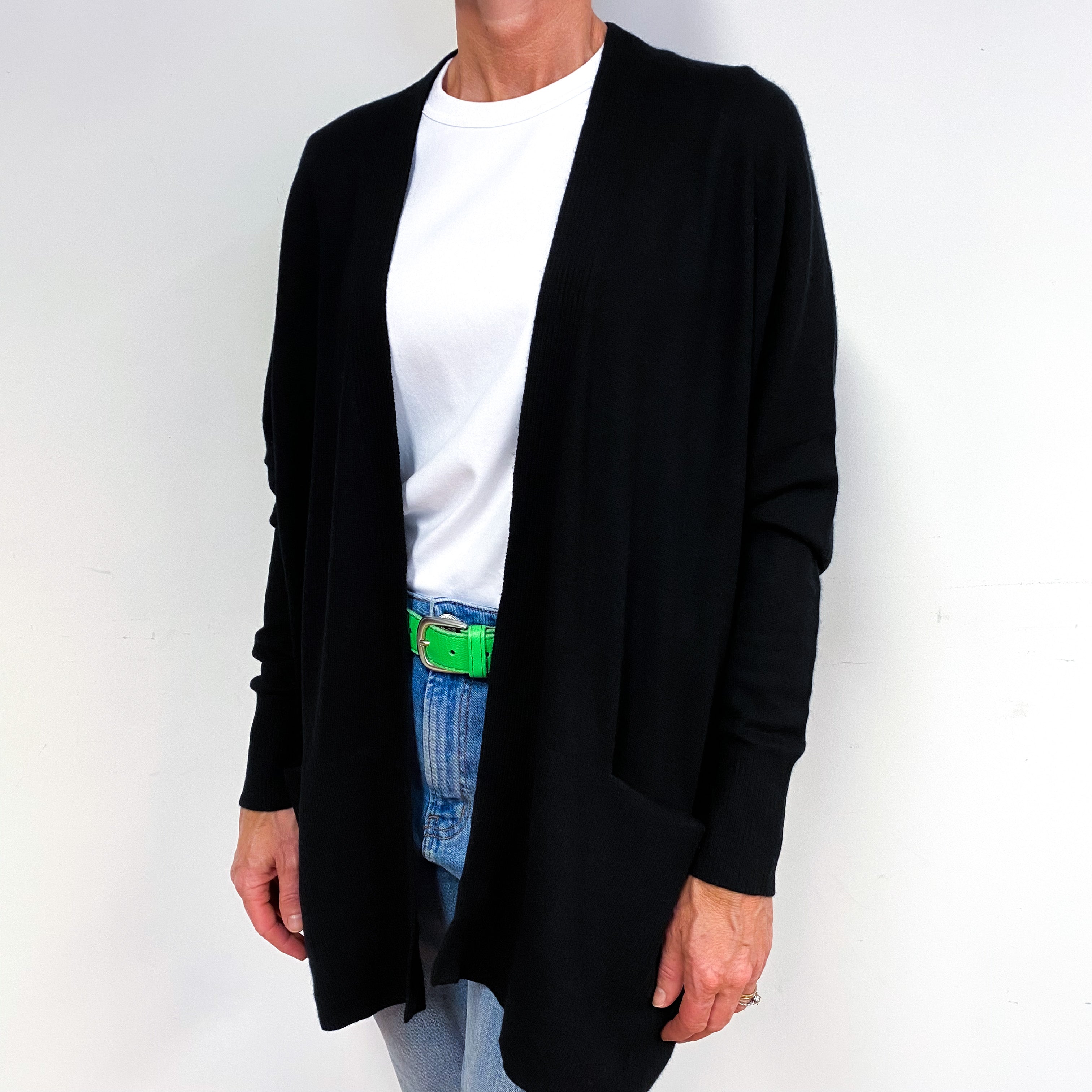 Black Cashmere Edge To Edge Cardigan with Pockets Medium