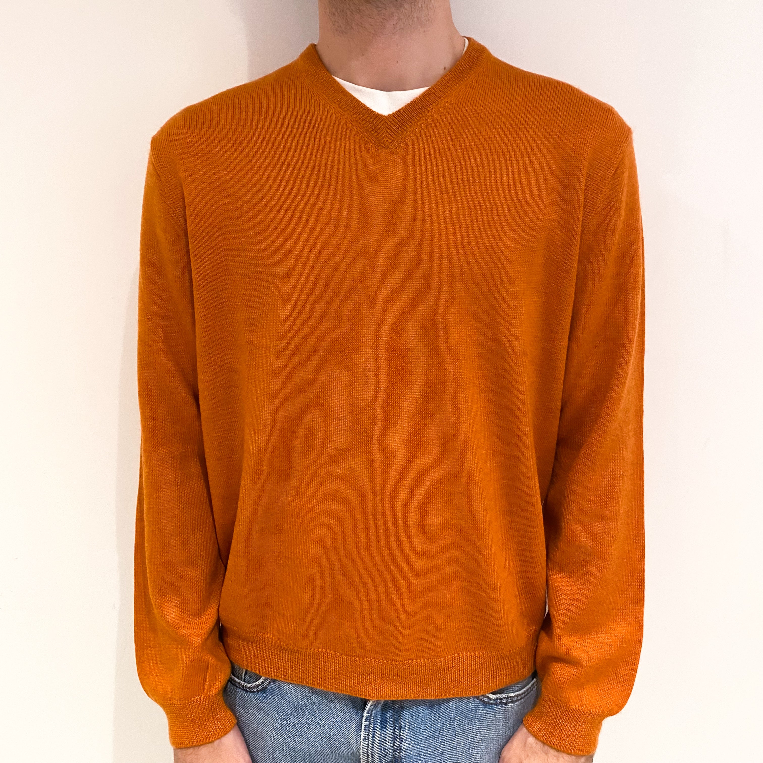 Men's Pumpkin Orange Cashmere V Neck Jumper Medium
