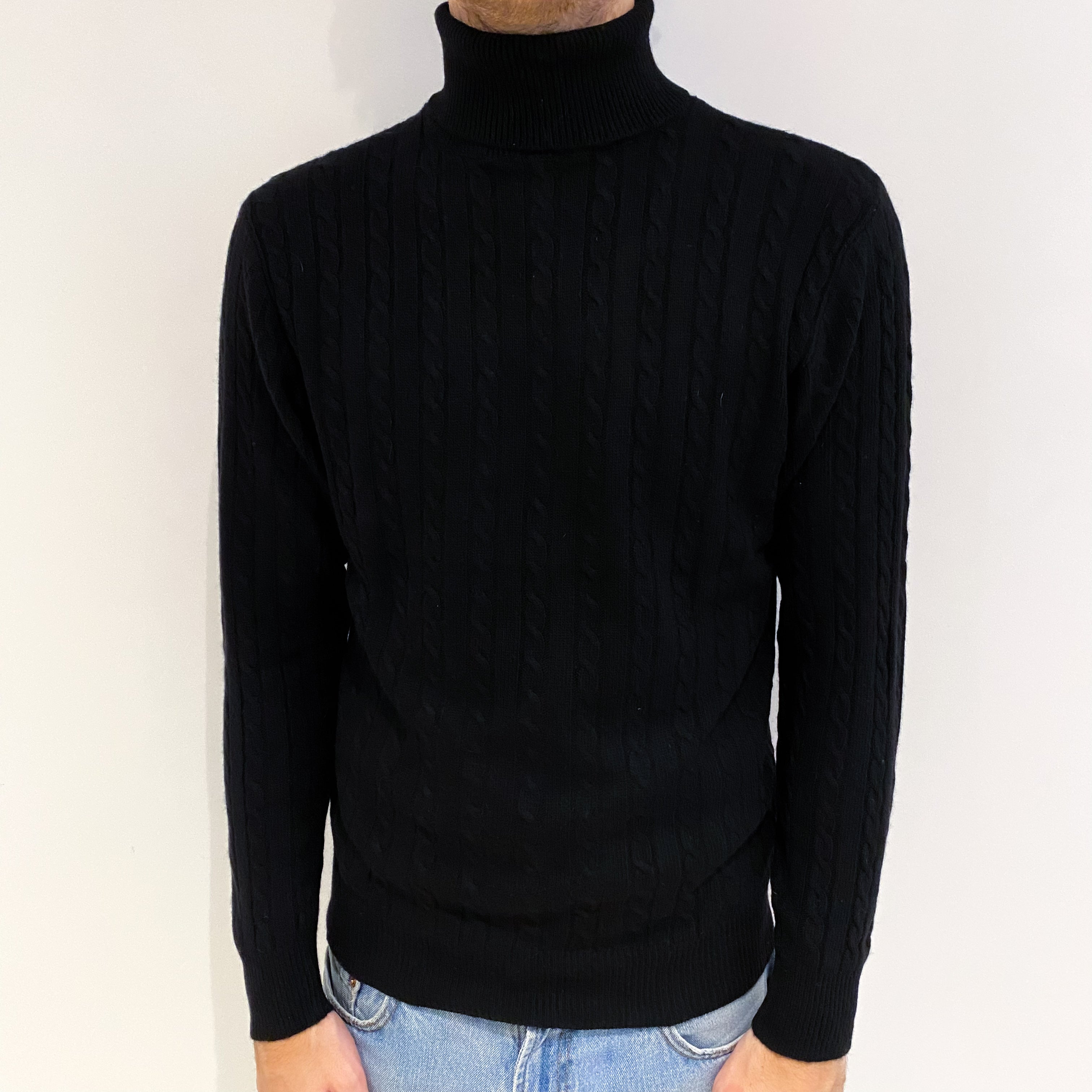 Men's Black Cashmere Polo Neck Cable Knit Jumper Medium