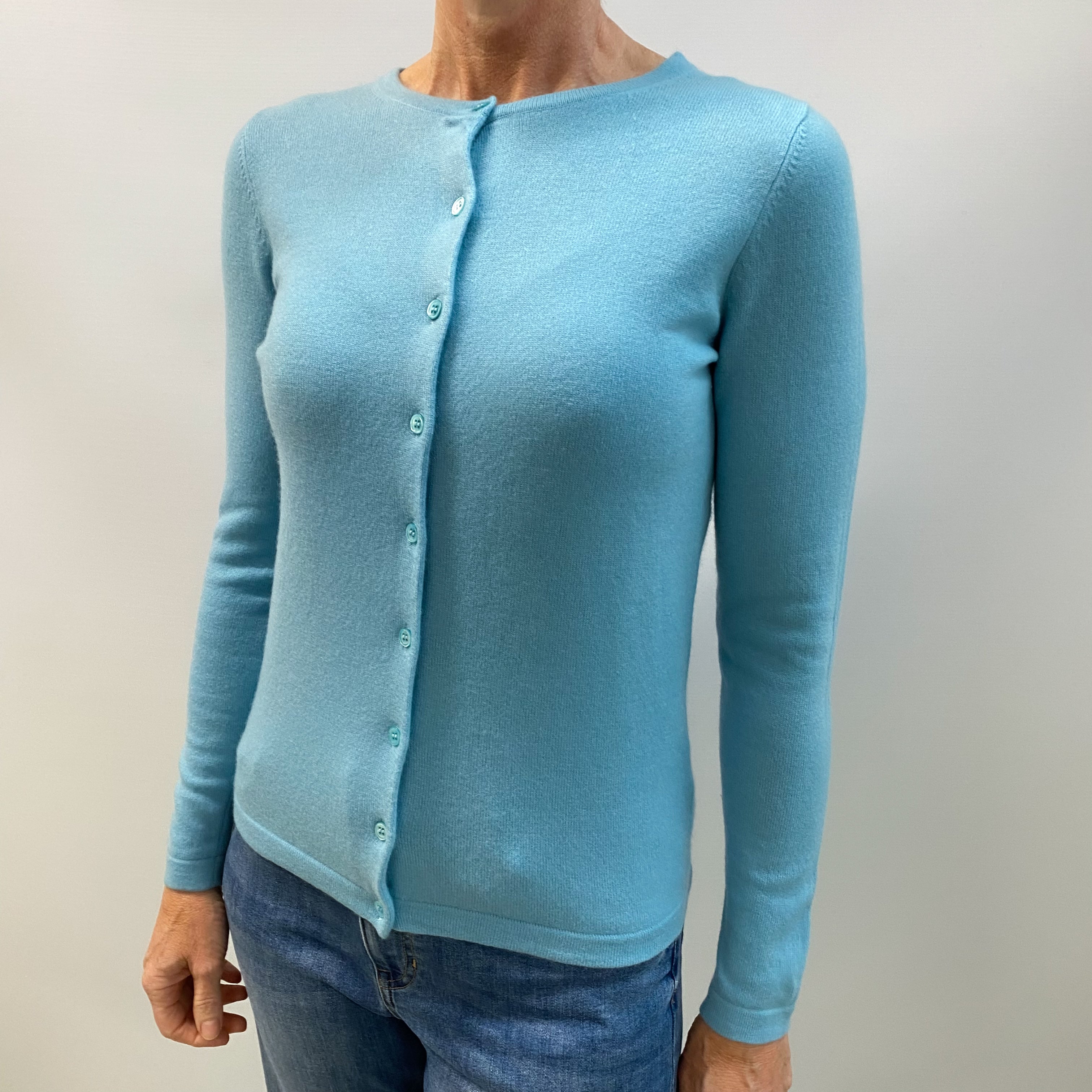 Deep Opal Blue Cashmere Crew Neck Cardigan Small