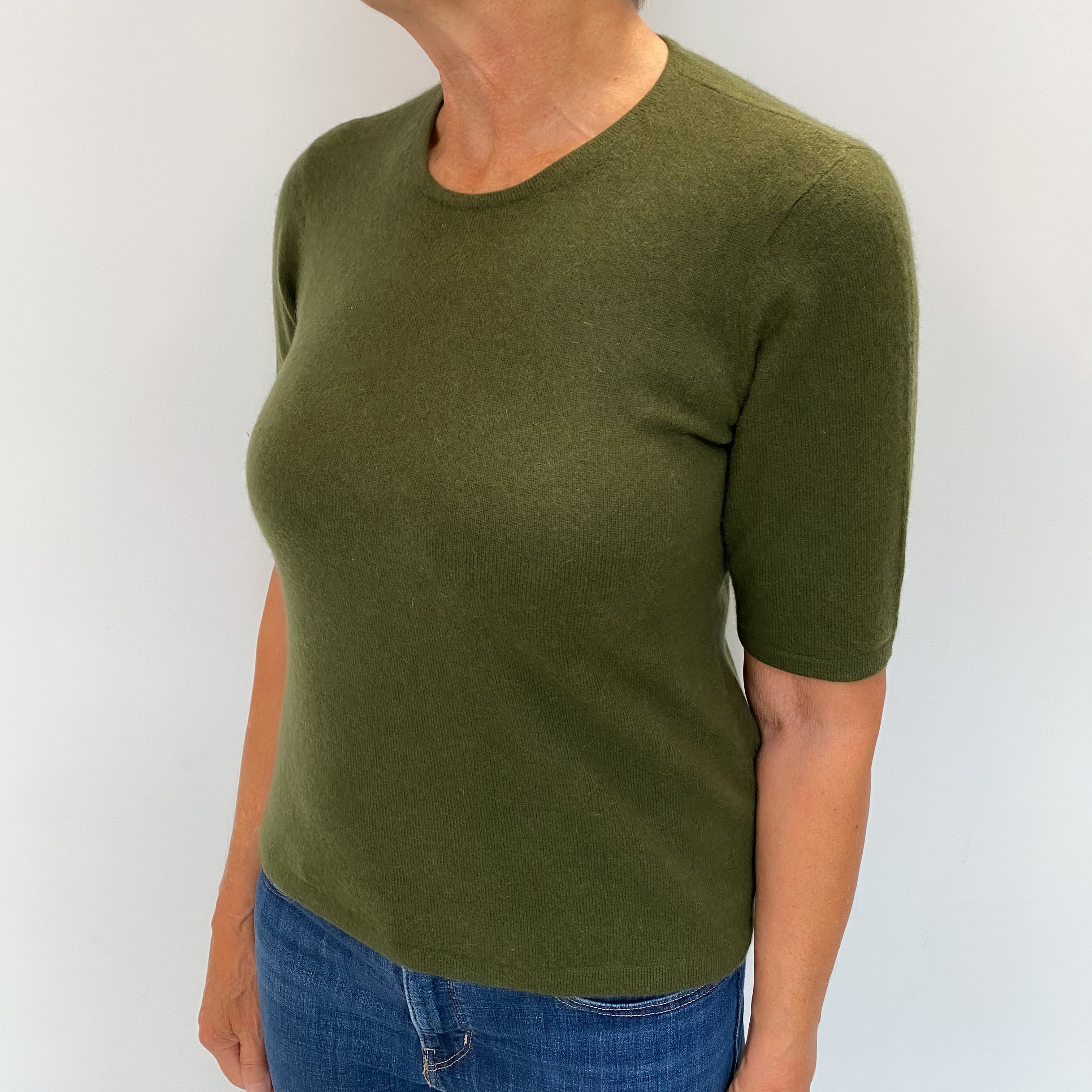 Dark Khaki Green Cashmere Short Sleeved Scoop Neck Jumper Medium