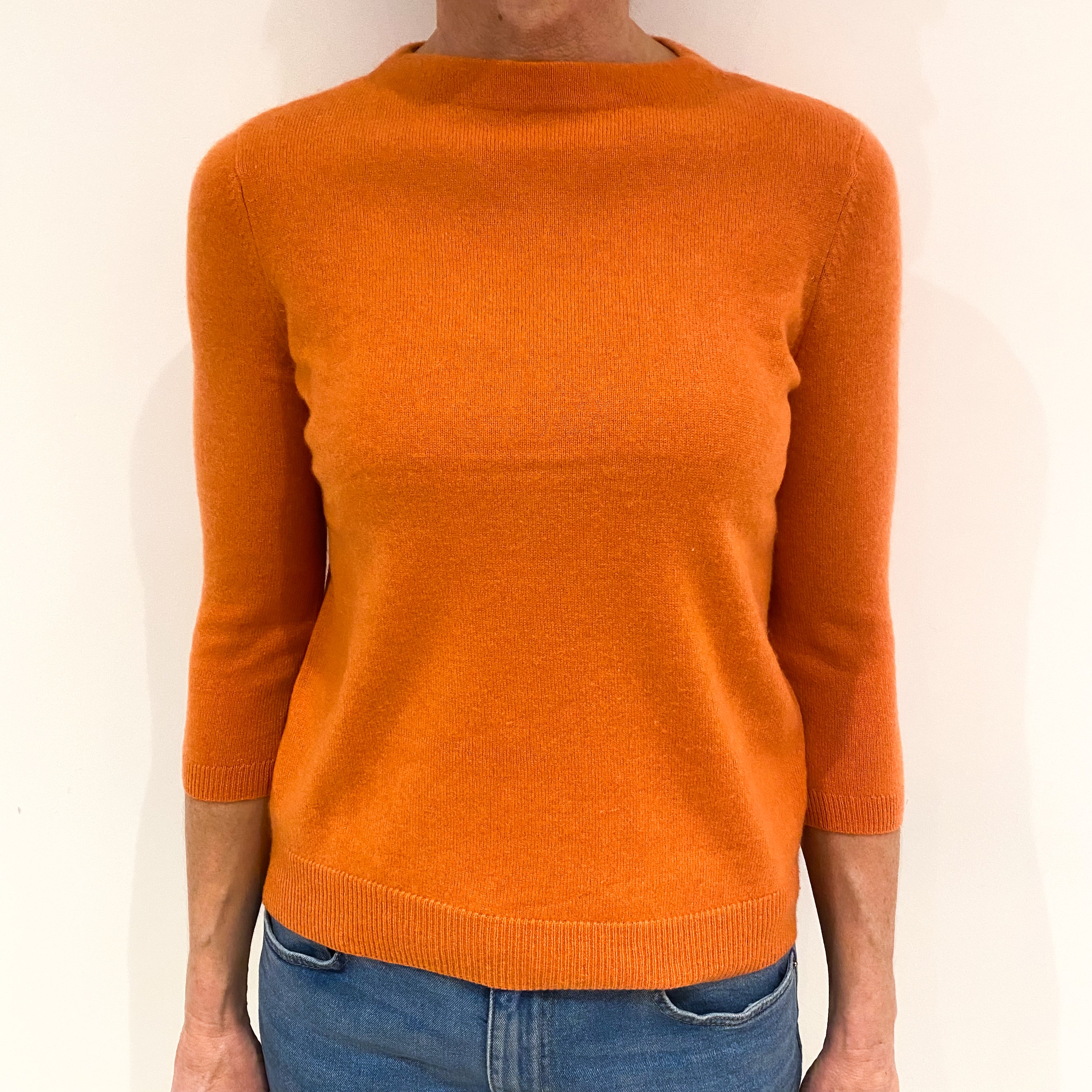 Pumpkin Orange 3/4 Sleeve Cashmere Crew Neck Jumper Small