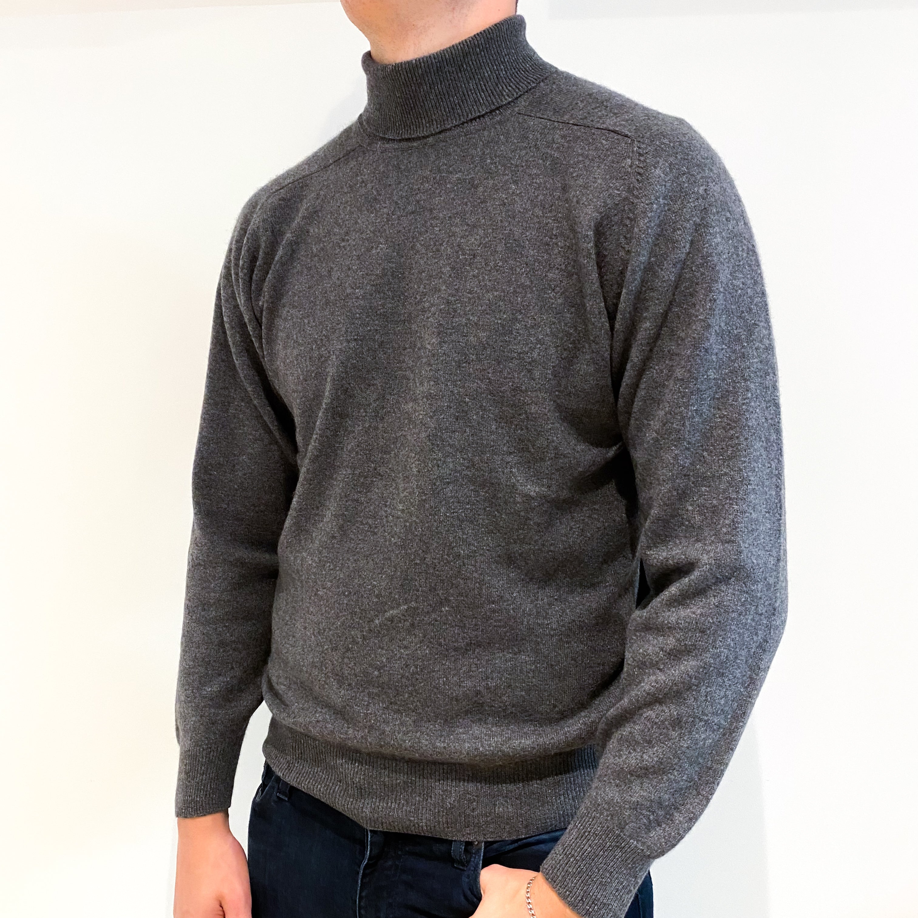 Men's Slate Grey Cashmere Polo Neck Jumper Extra Large