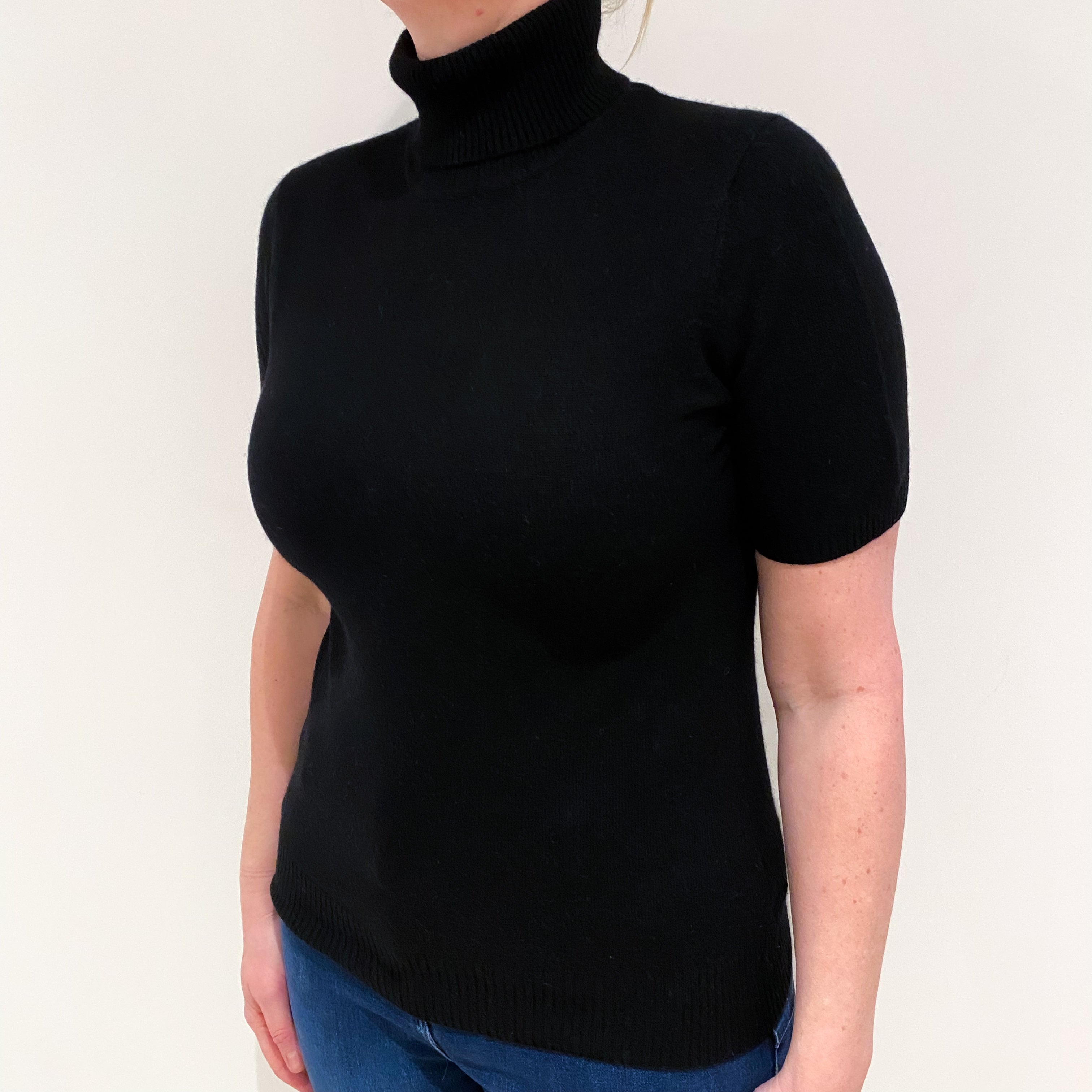 Black Cashmere Short Sleeved Polo Neck Jumper Large