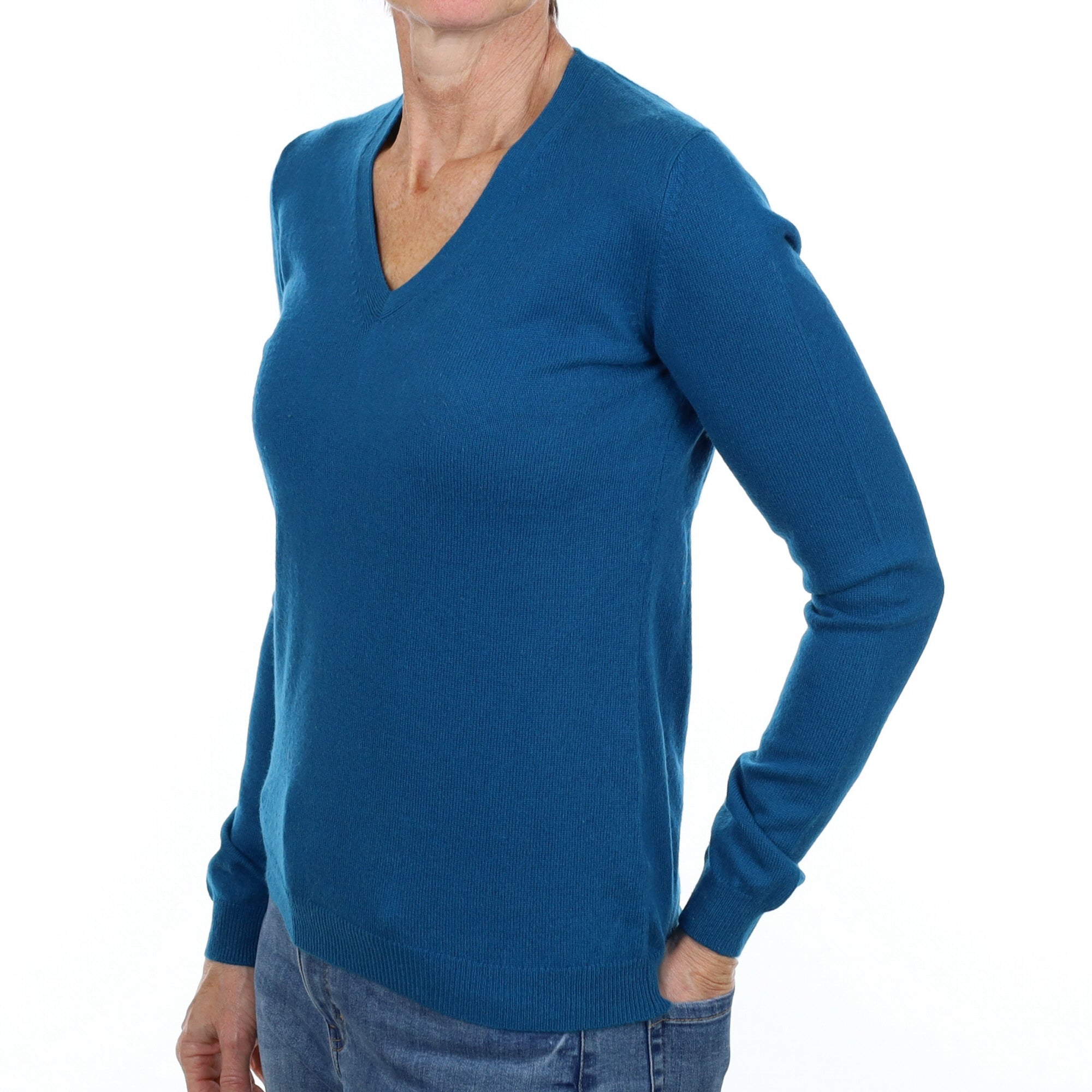 Teal Blue Cashmere V Neck Jumper Small