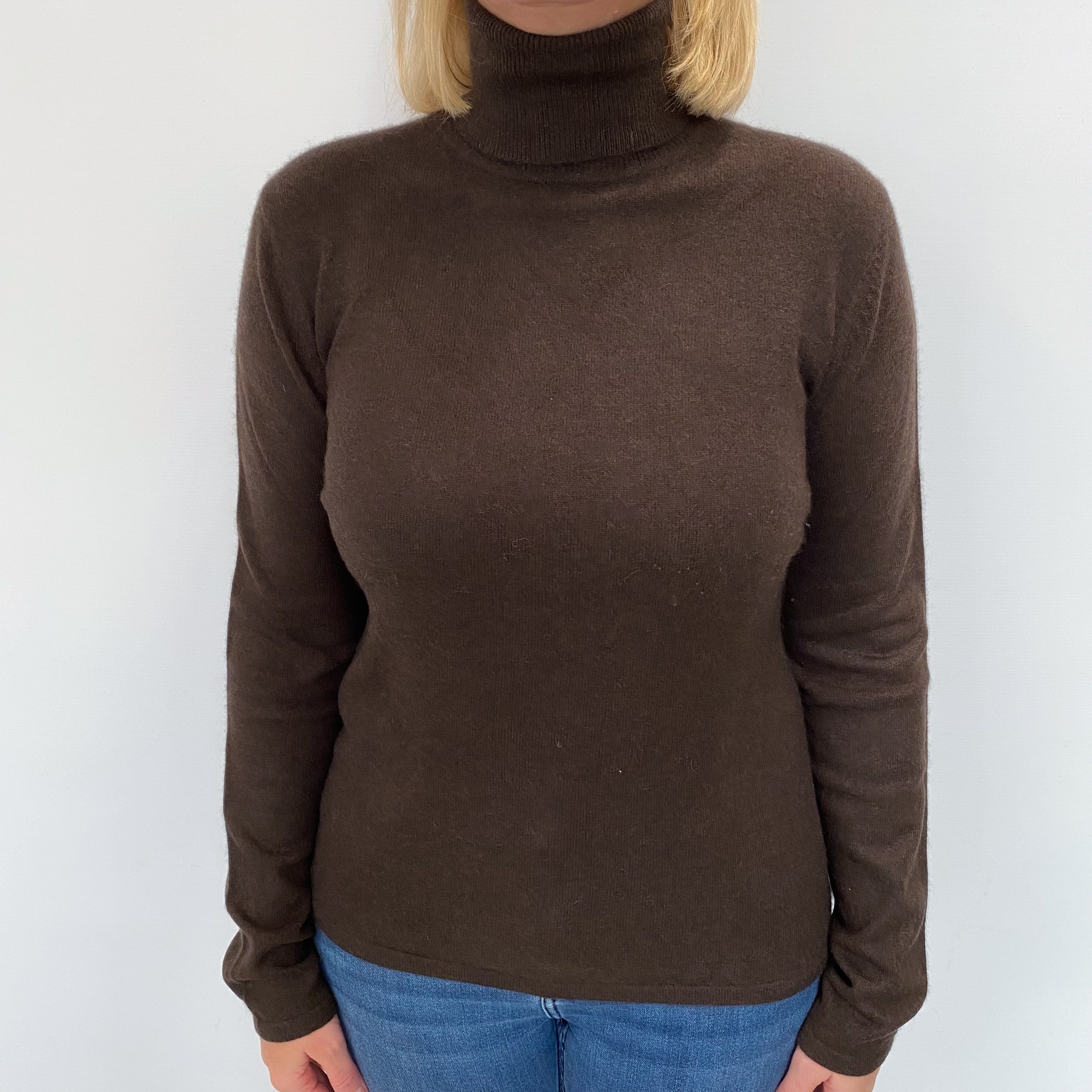 Deep Chocolate Brown Cashmere Polo Neck Jumper Large