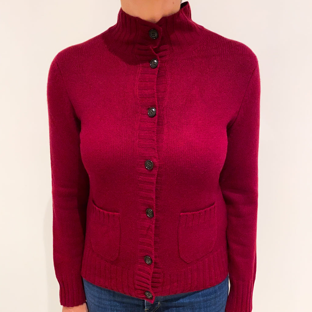 Garnet Red Chunky Cashmere Turtle Neck Cardigan with Pockets Medium