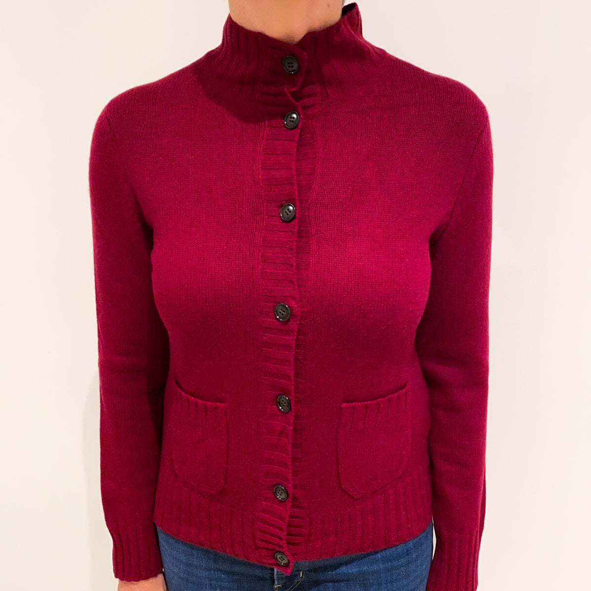 Garnet Red Chunky Cashmere Turtle Neck Cardigan with Pockets Medium