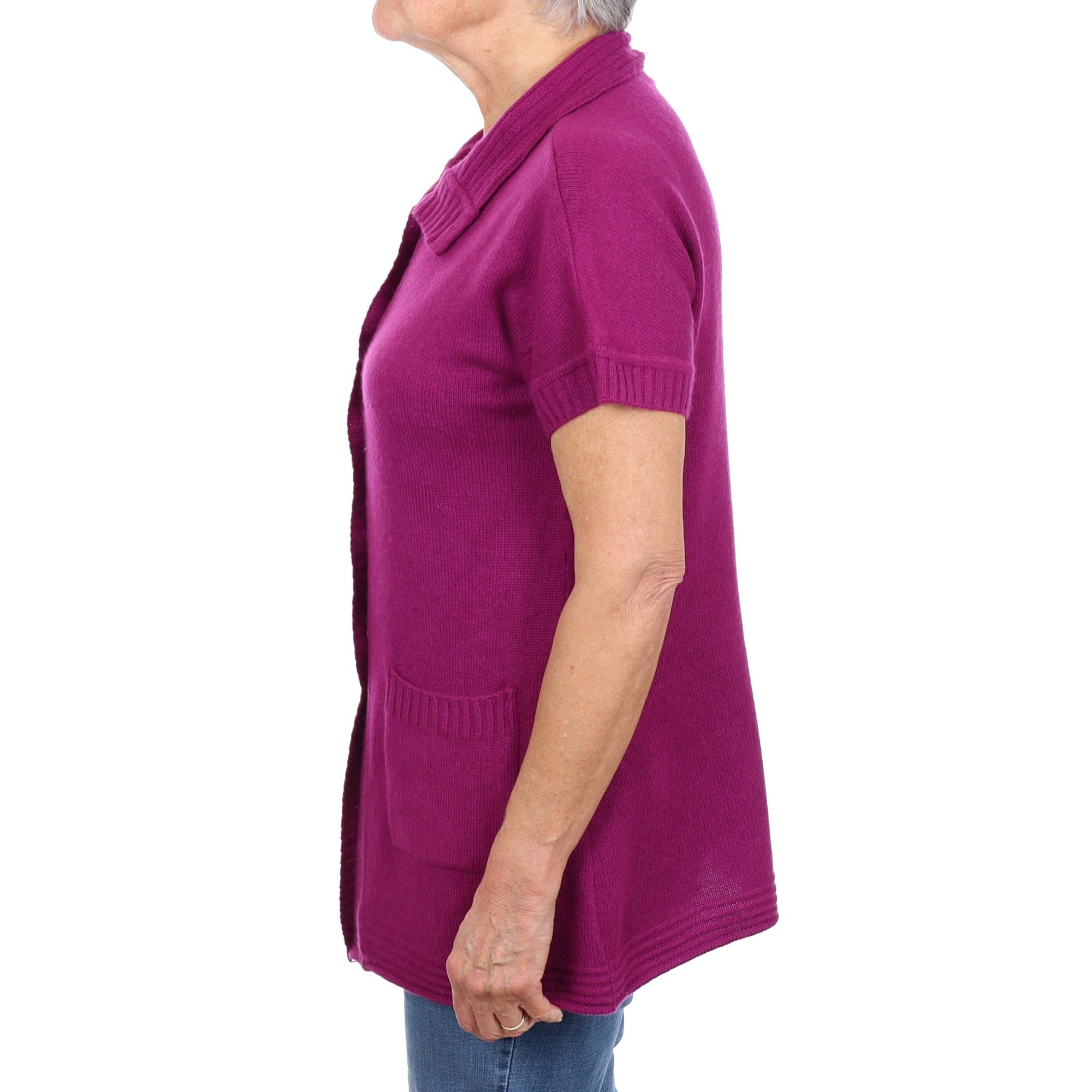 Magenta Purple Cashmere Collared Neck Short Sleeved Cardigan Medium