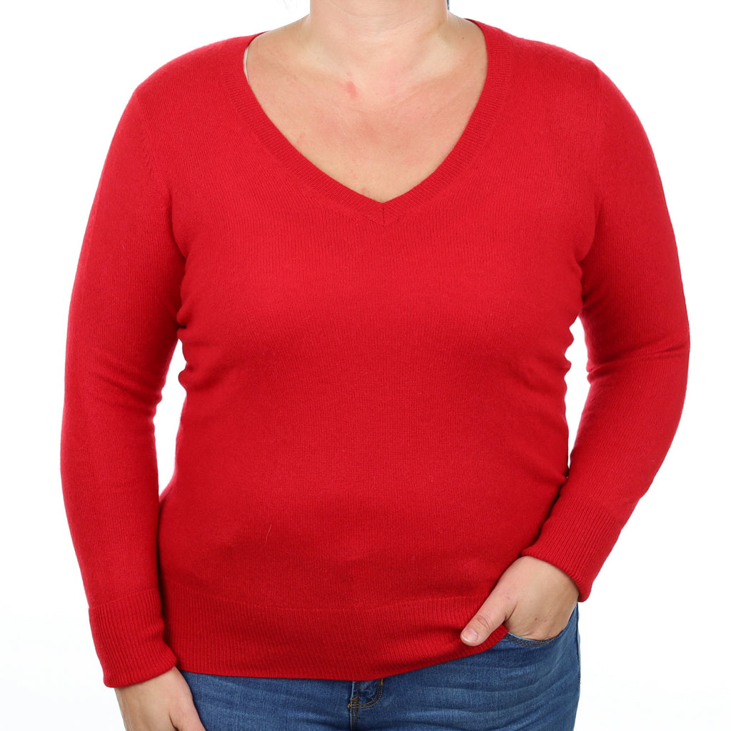 Post Box Red Cashmere V Neck Jumper Large