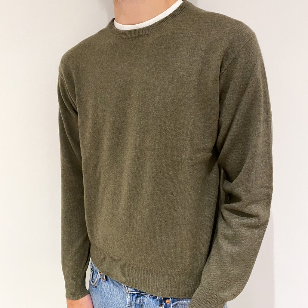 Men's Olive Green Cashmere Crew Neck Jumper Large