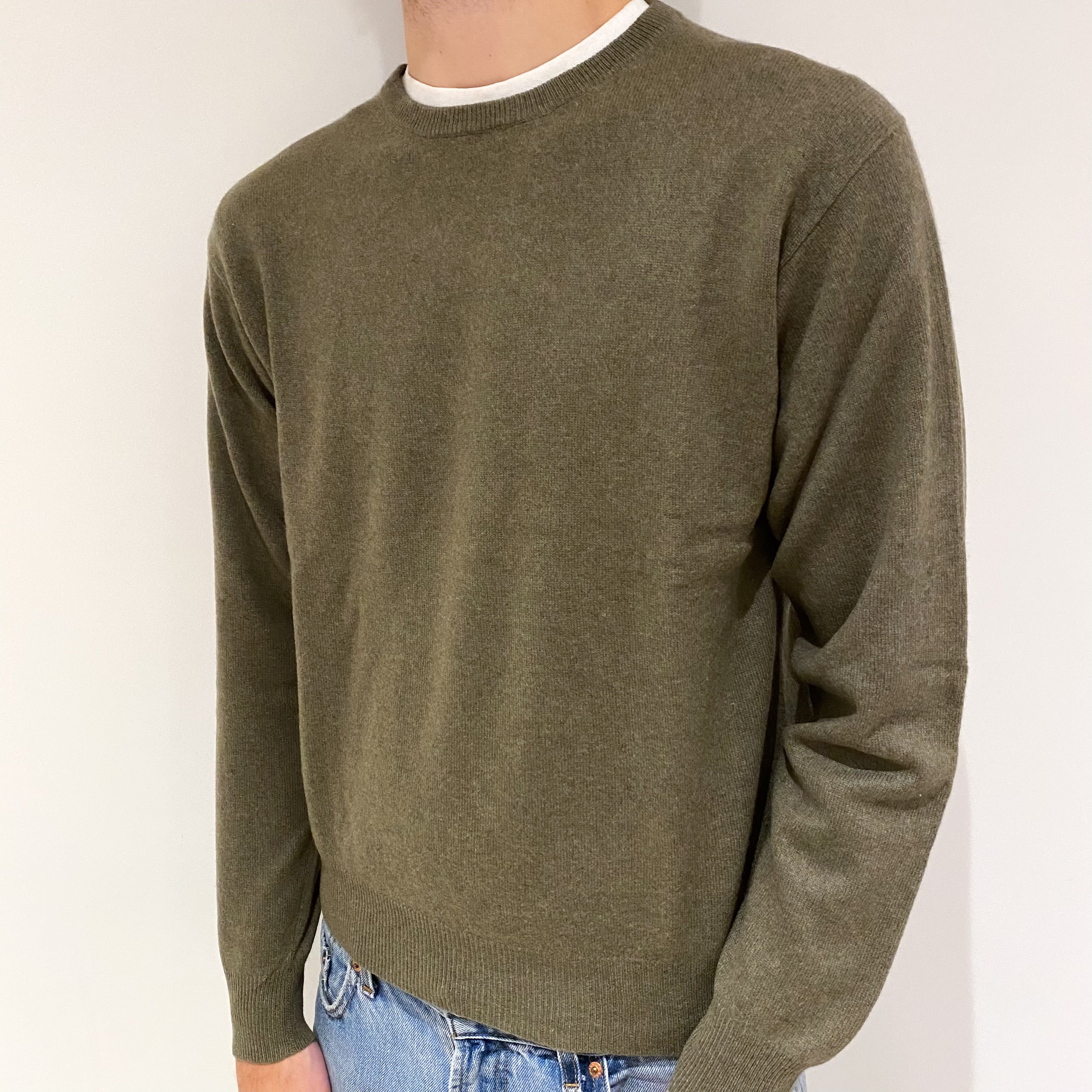 Men's Olive Green Cashmere Crew Neck Jumper Large