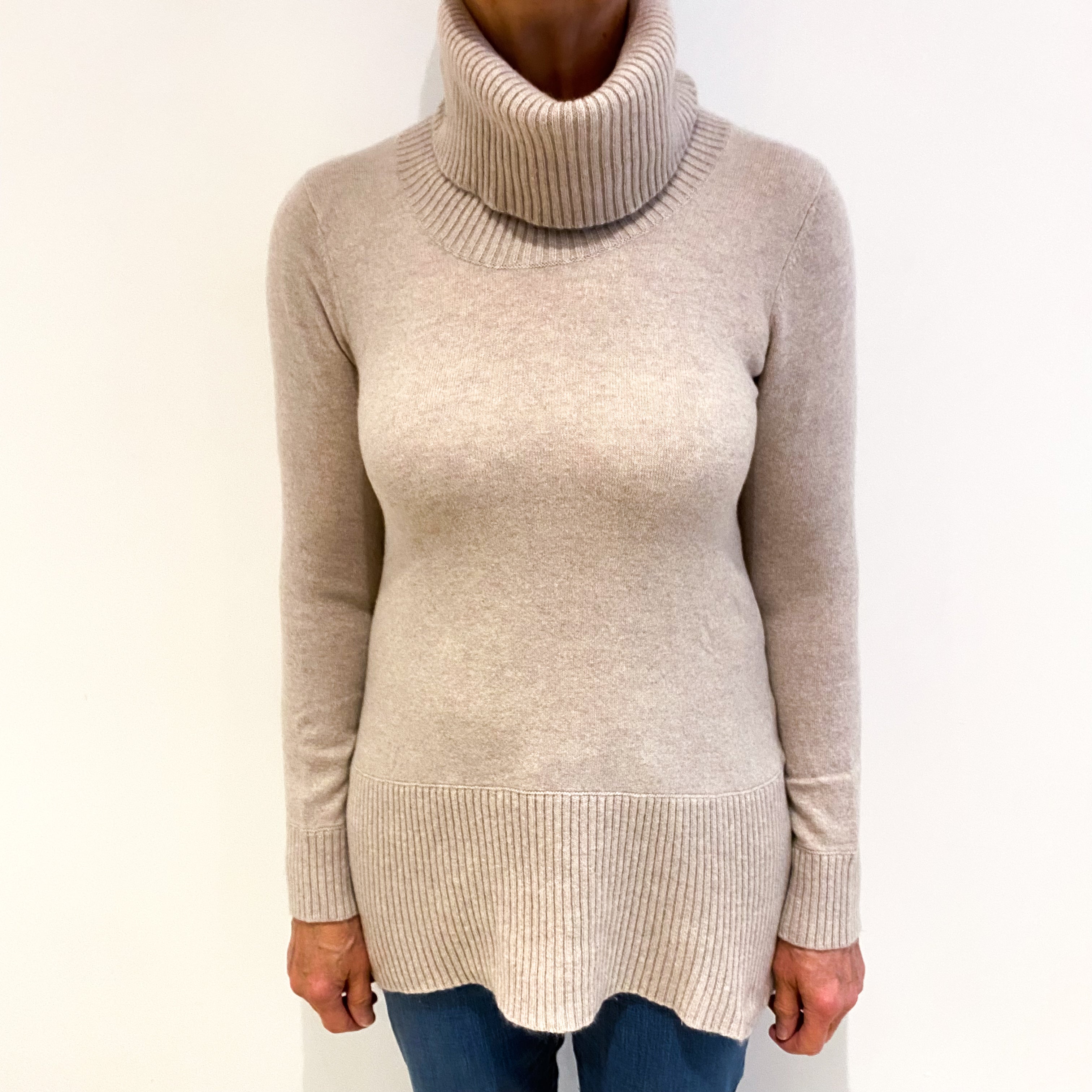Biscuit Beige Cashmere Cowl Neck Longline Jumper Medium