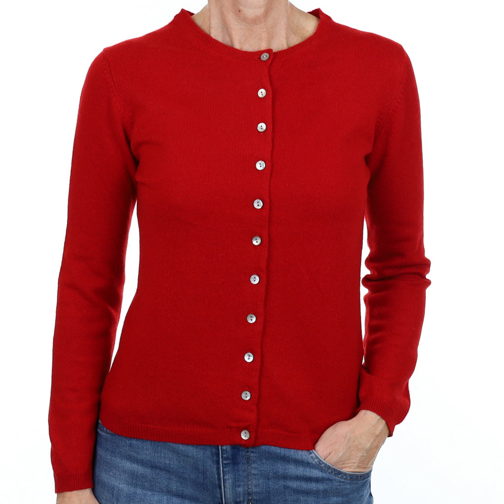 Scarlet Red Cashmere Crew Neck Cardigan Small
