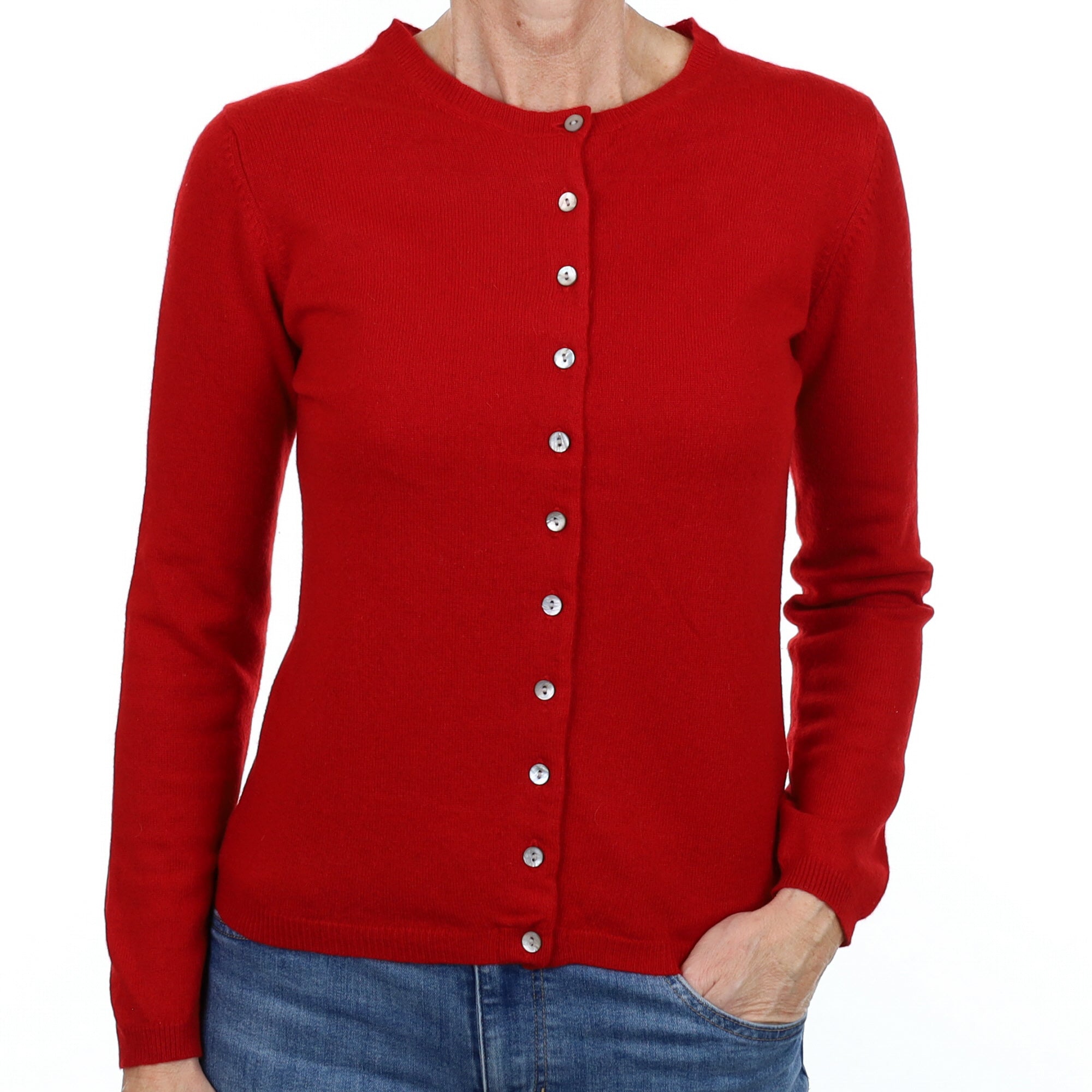 Scarlet Red Cashmere Crew Neck Cardigan Small