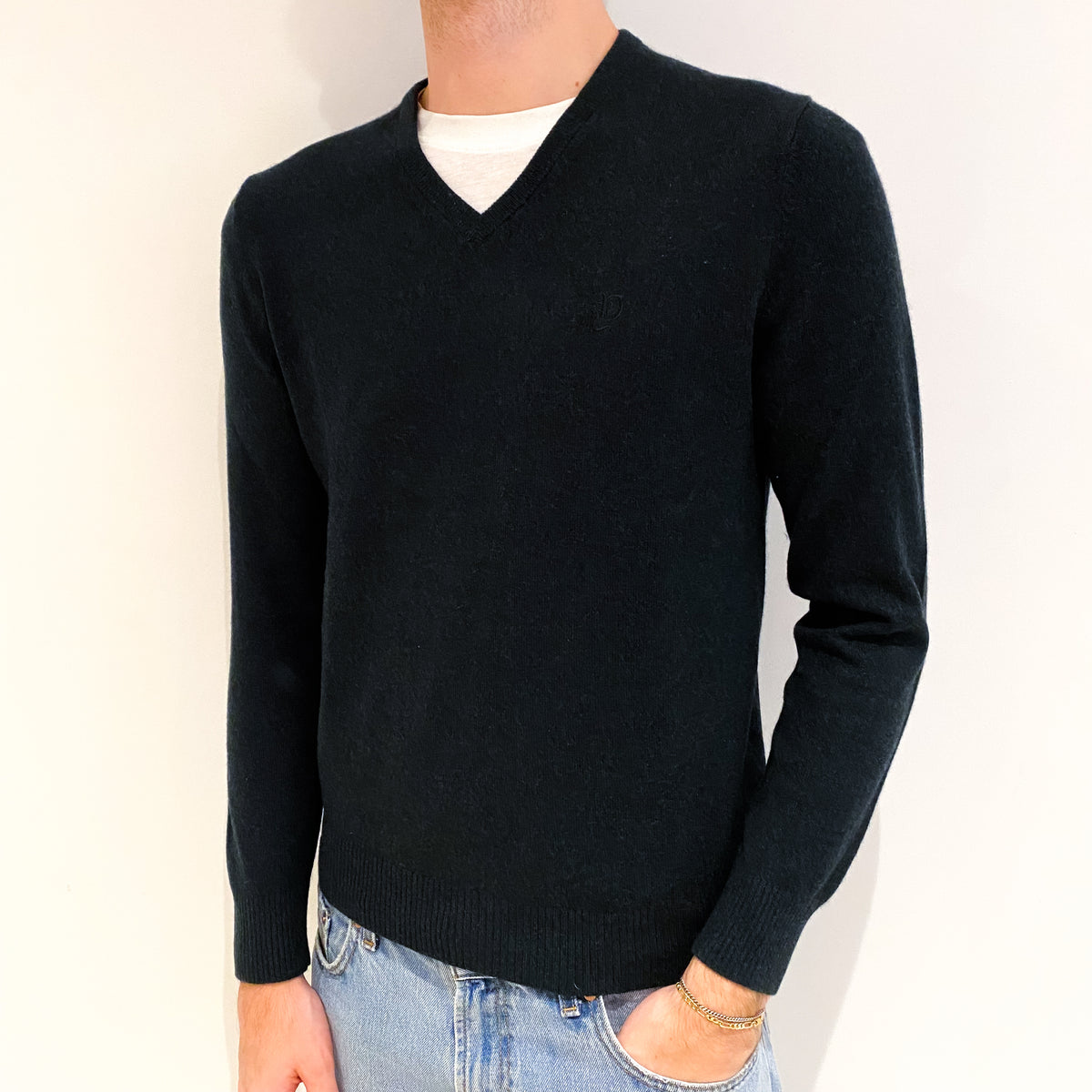 Men's Deep Seaweed Green Cashmere V Neck Jumper Medium