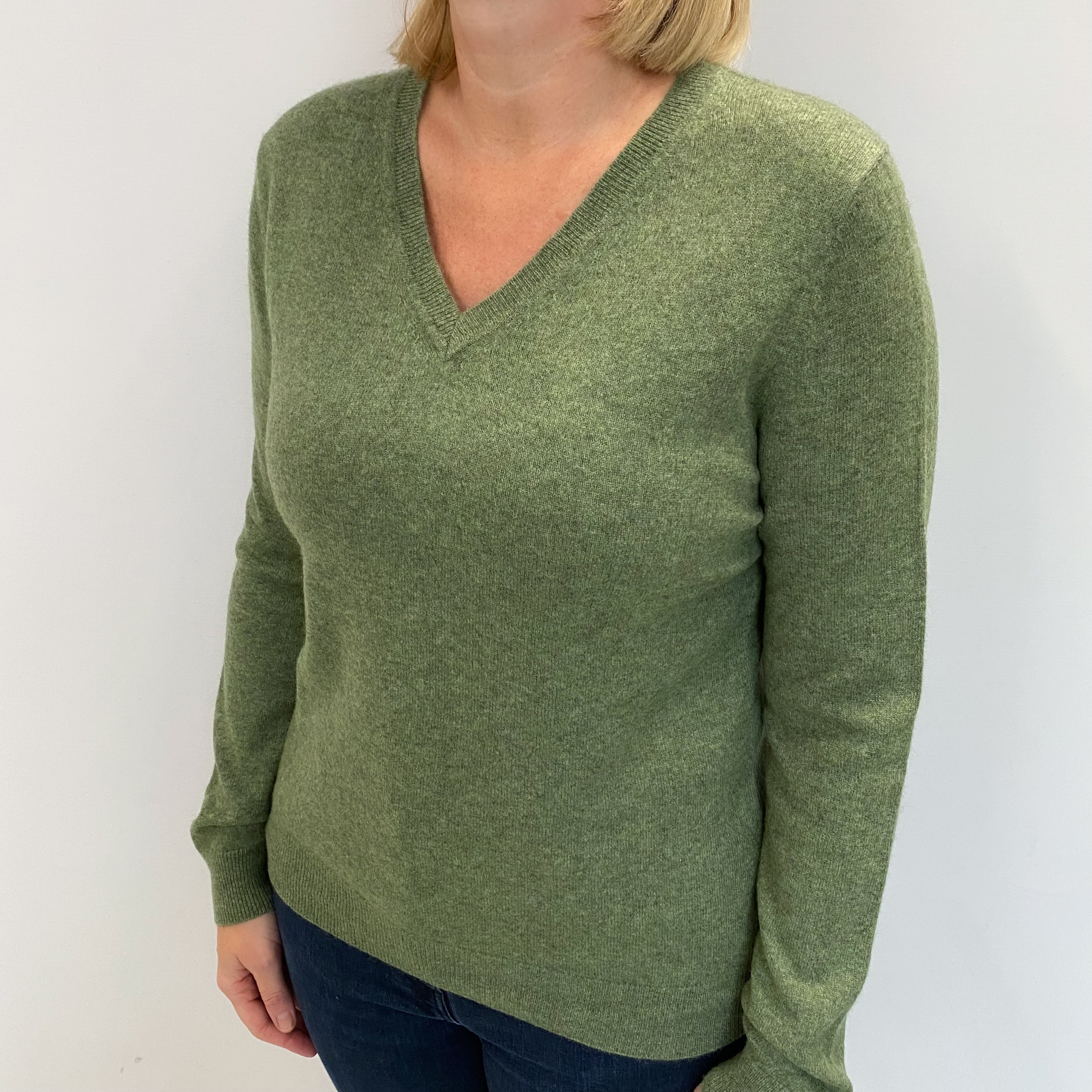 Basil Green Marl Cashmere V Neck Jumper Large
