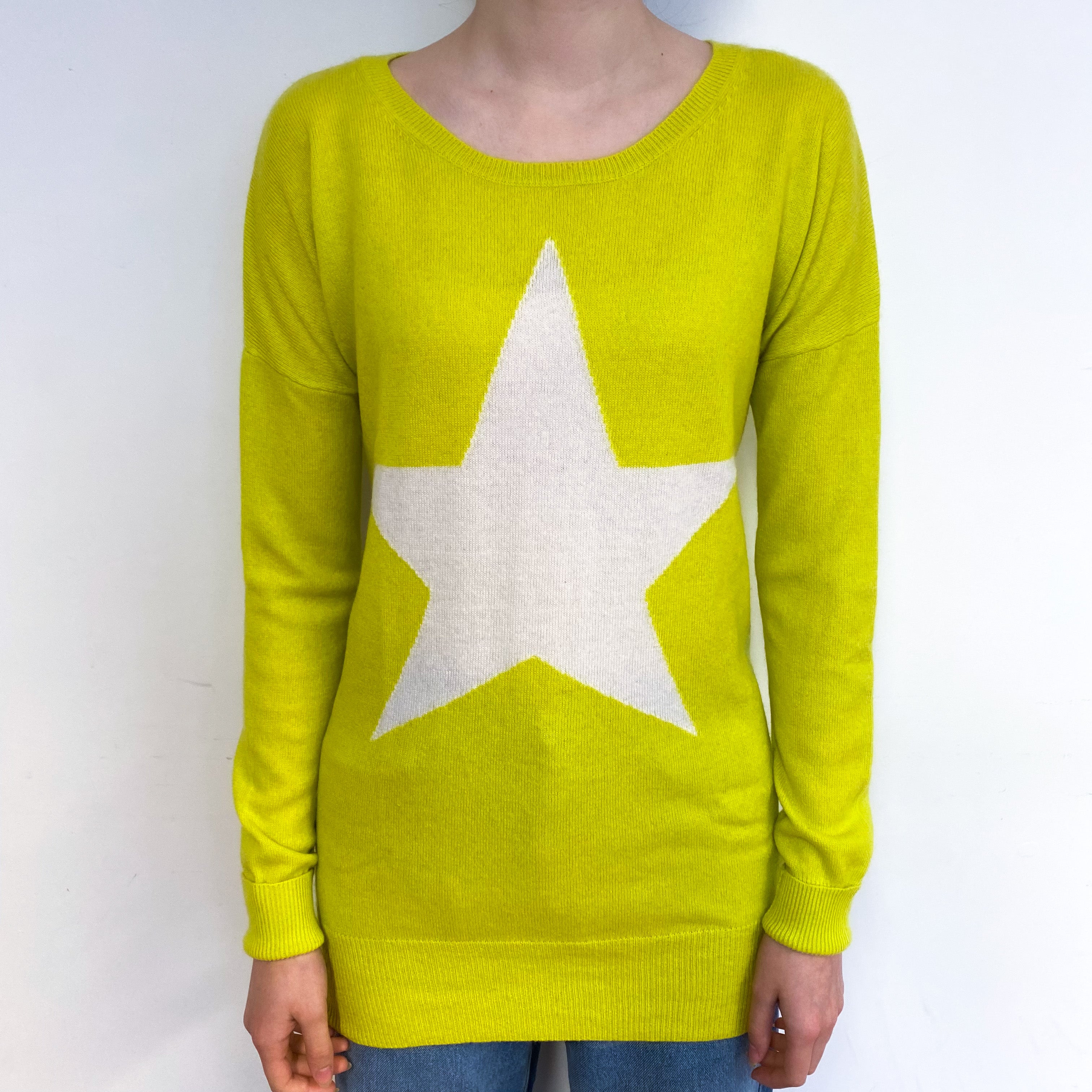 Chartreuse Yellow Star Cashmere Crew Neck Jumper Extra Small