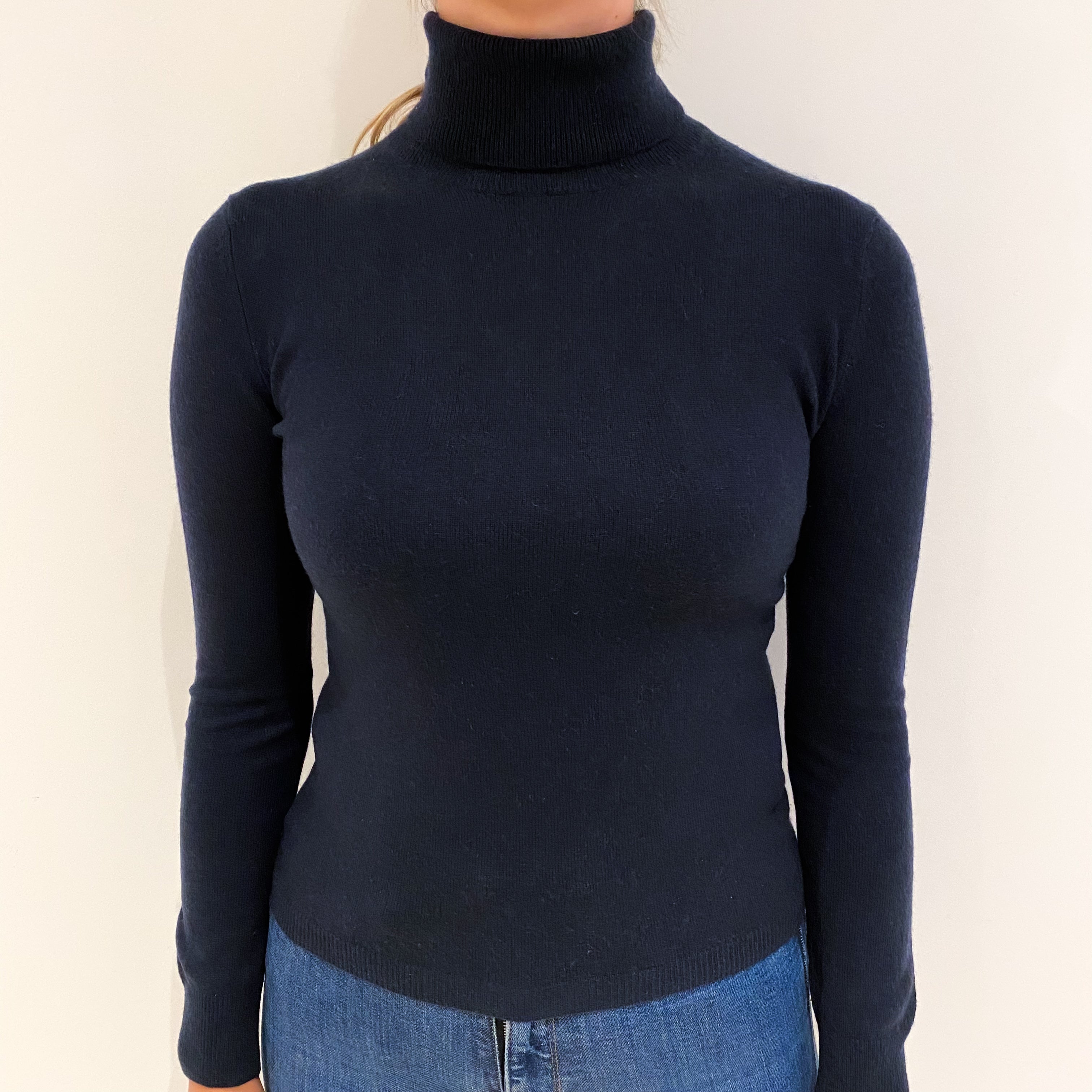 Dark Navy Blue Cashmere Polo Neck Jumper Small