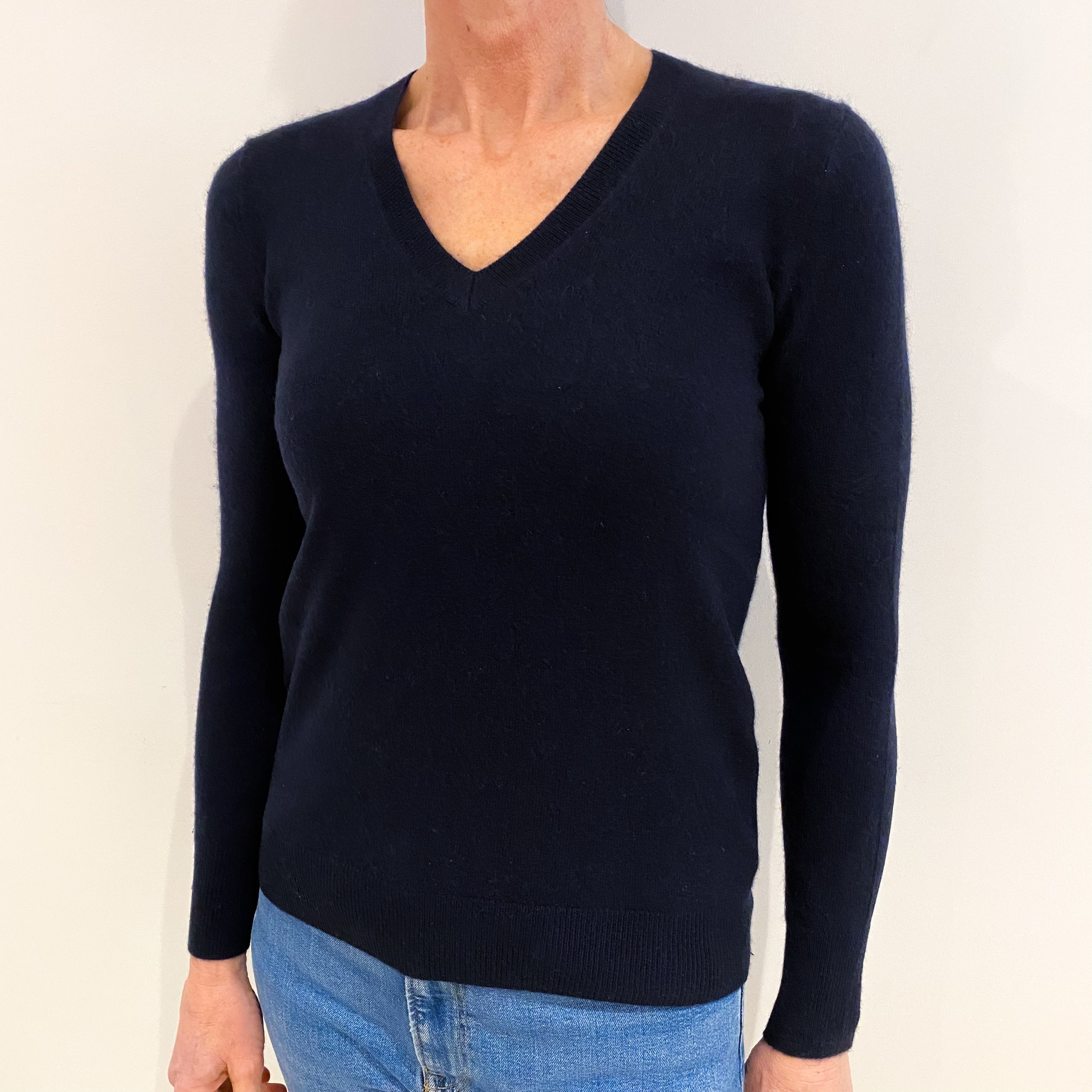 Navy Blue Cashmere V Neck Jumper Small