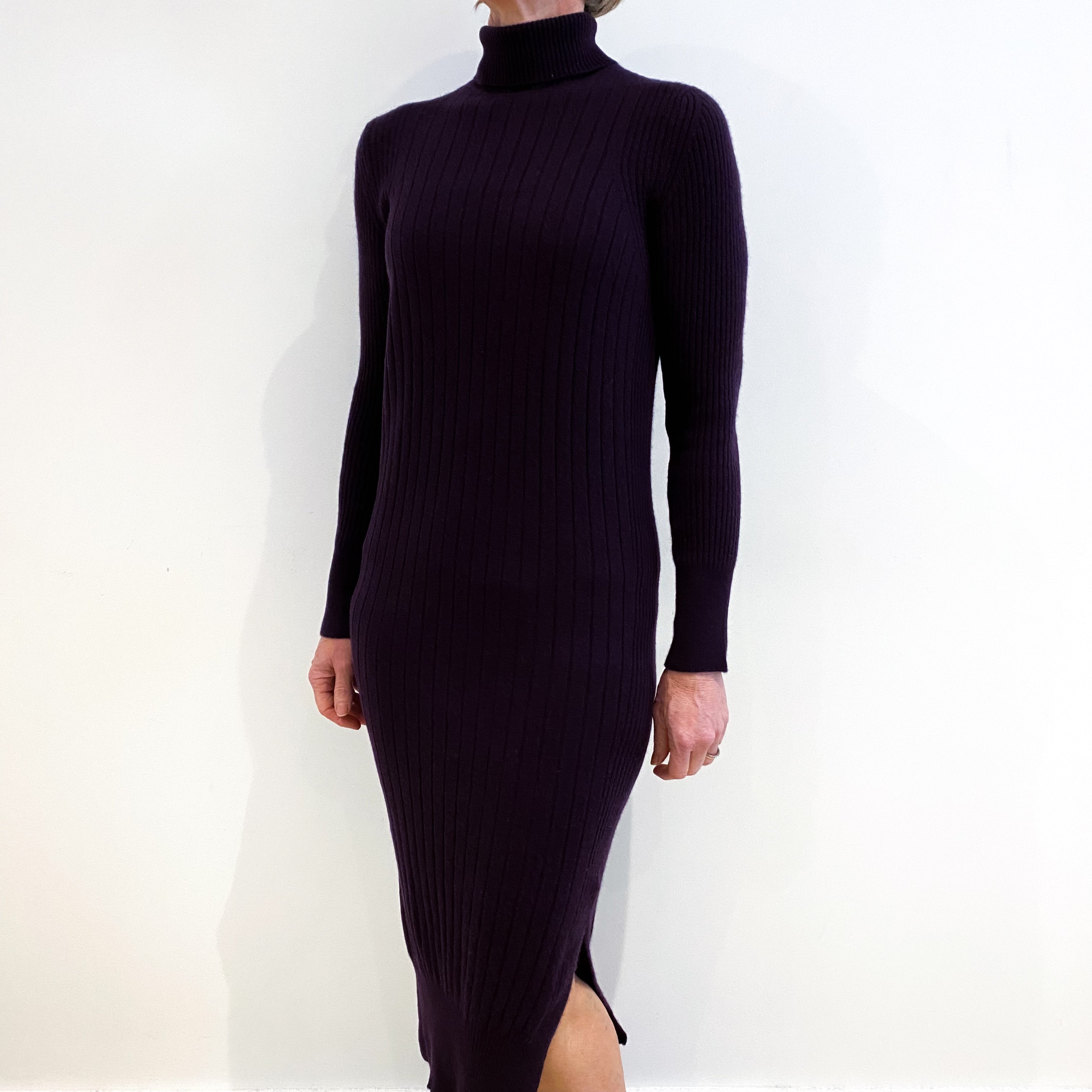 Aubergine Purple Cashmere Polo Neck Ribbed Dress Small