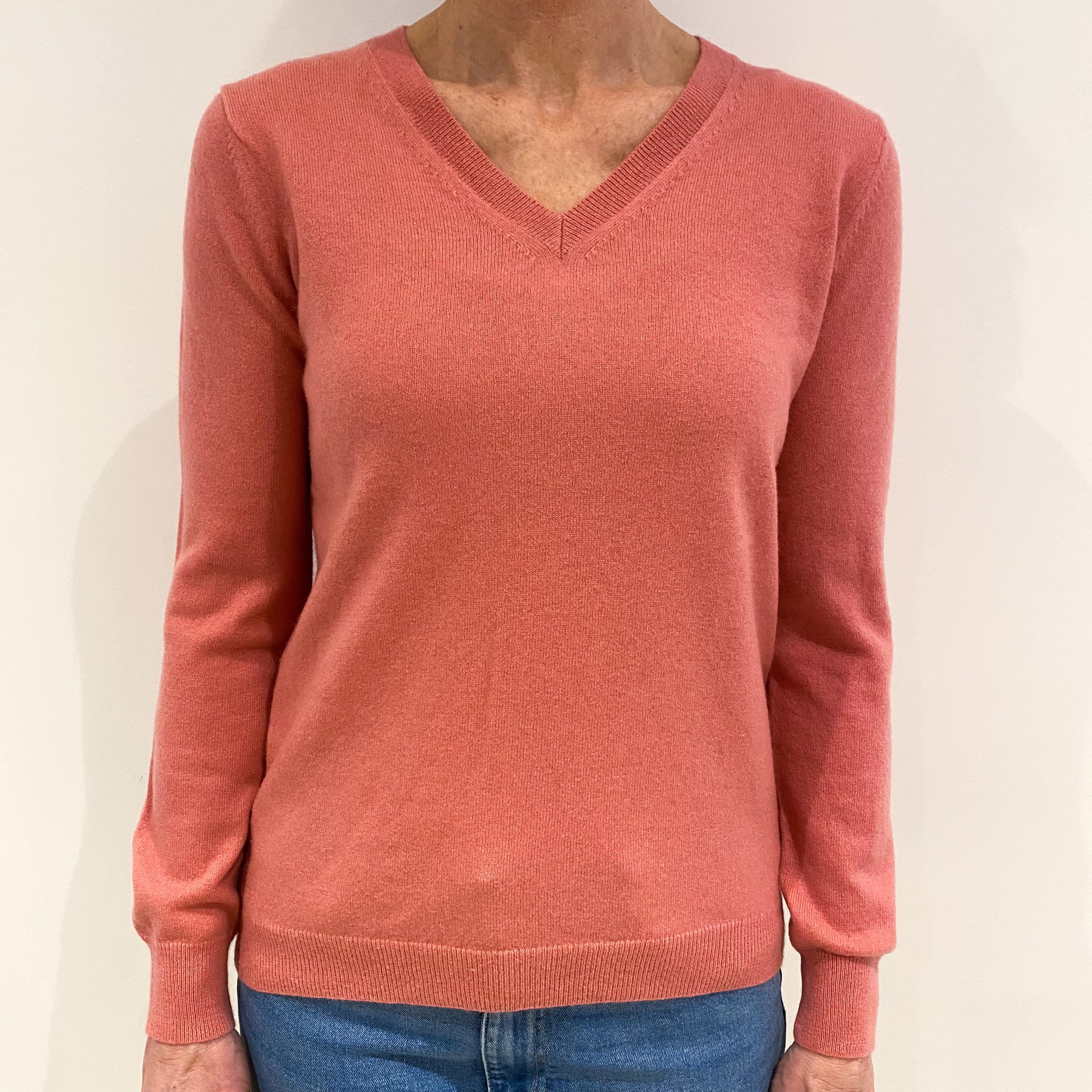 Salmon Pink Cashmere V Neck Jumper Small