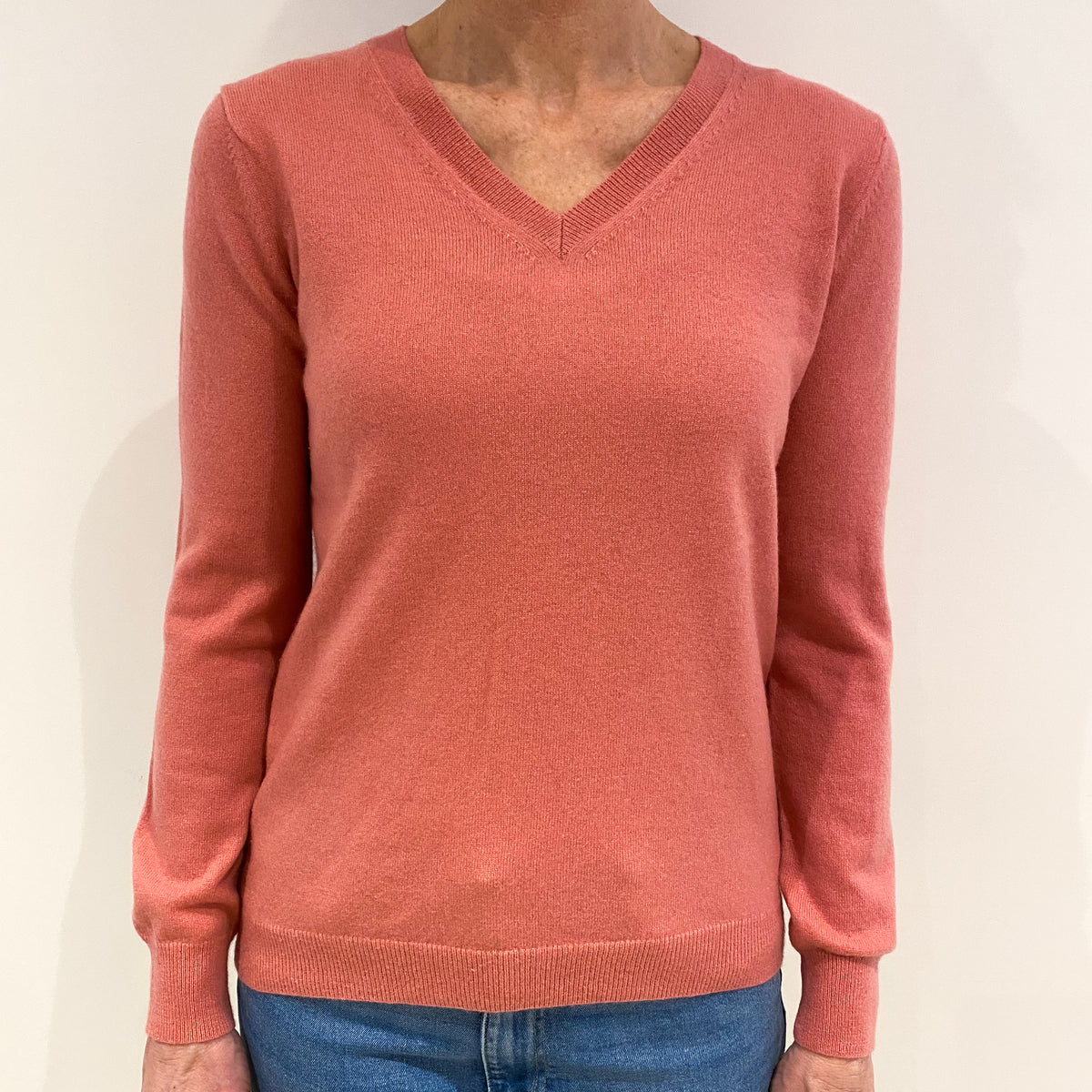Salmon Pink Cashmere V Neck Jumper Small