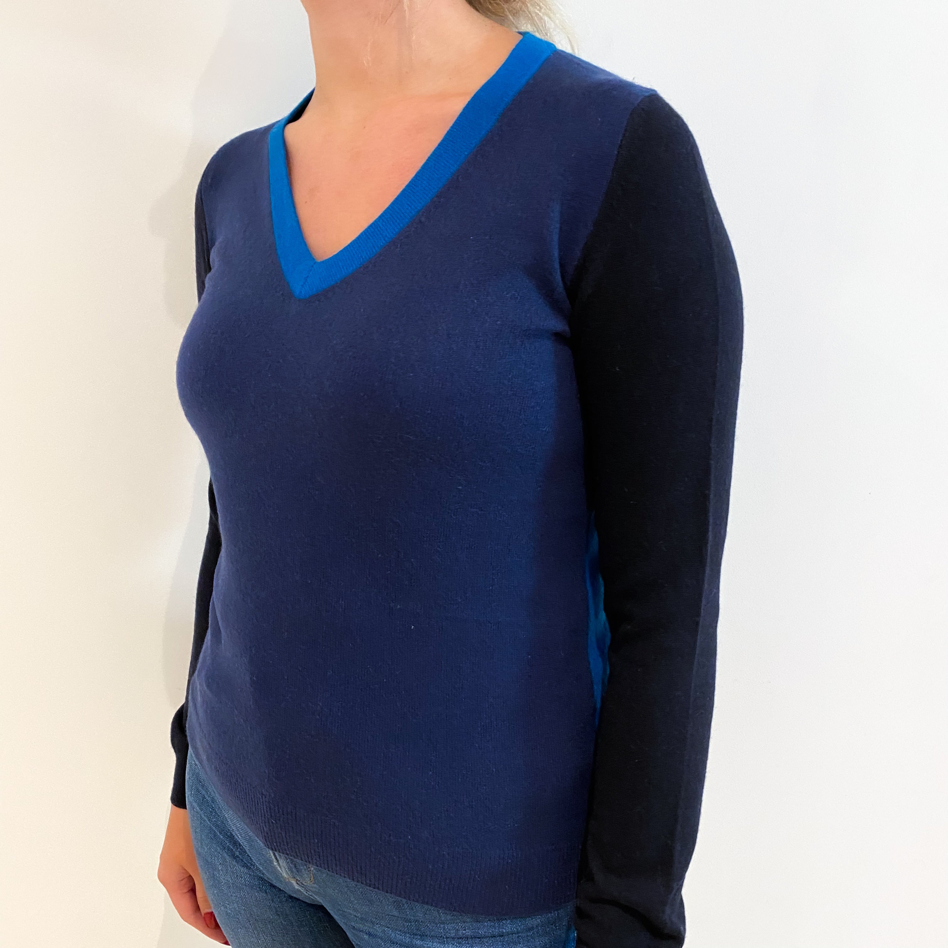 Navy Teal and Black Cashmere V Neck Jumper Small
