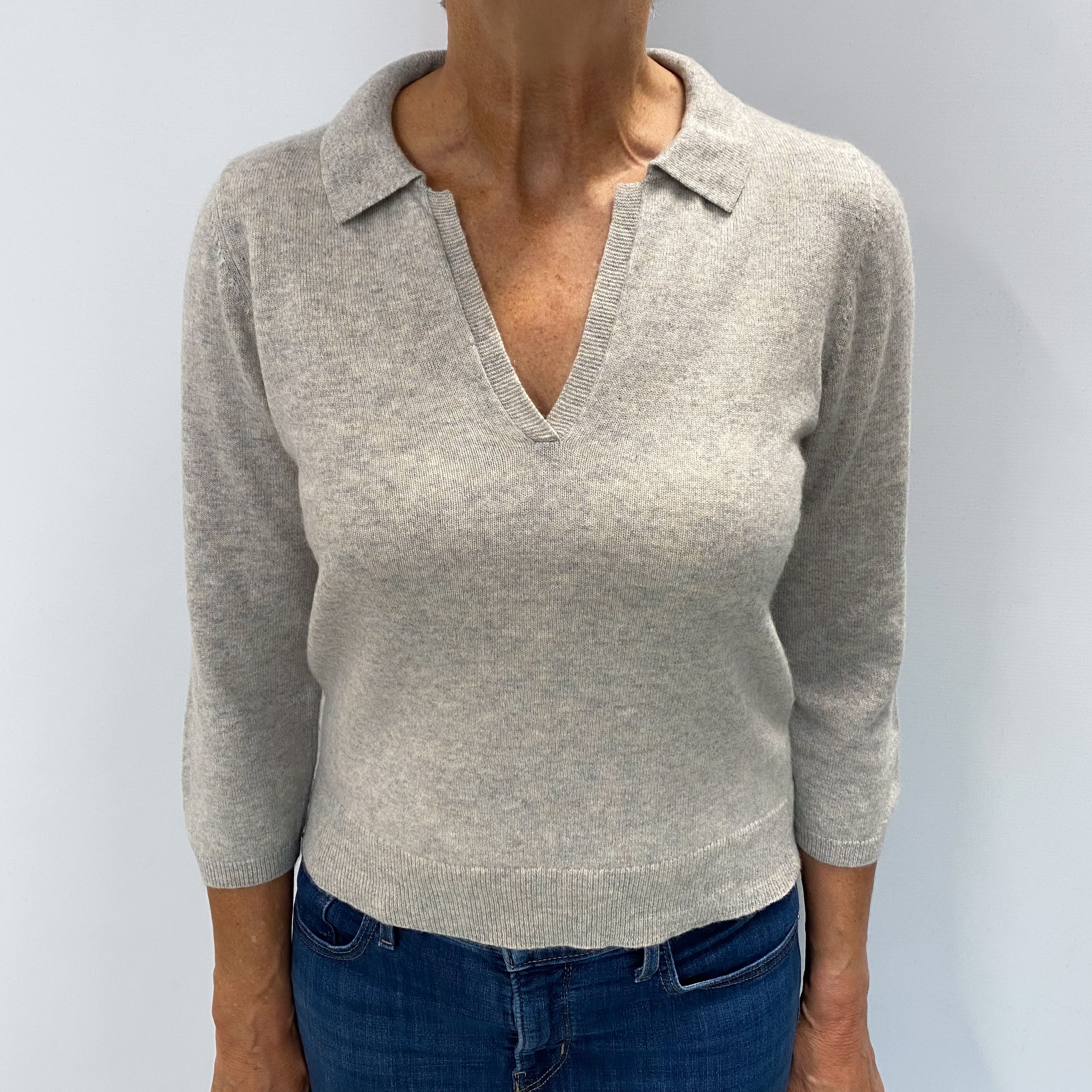 Poetry Dusty Grey Cashmere Collared V Neck Jumper Medium