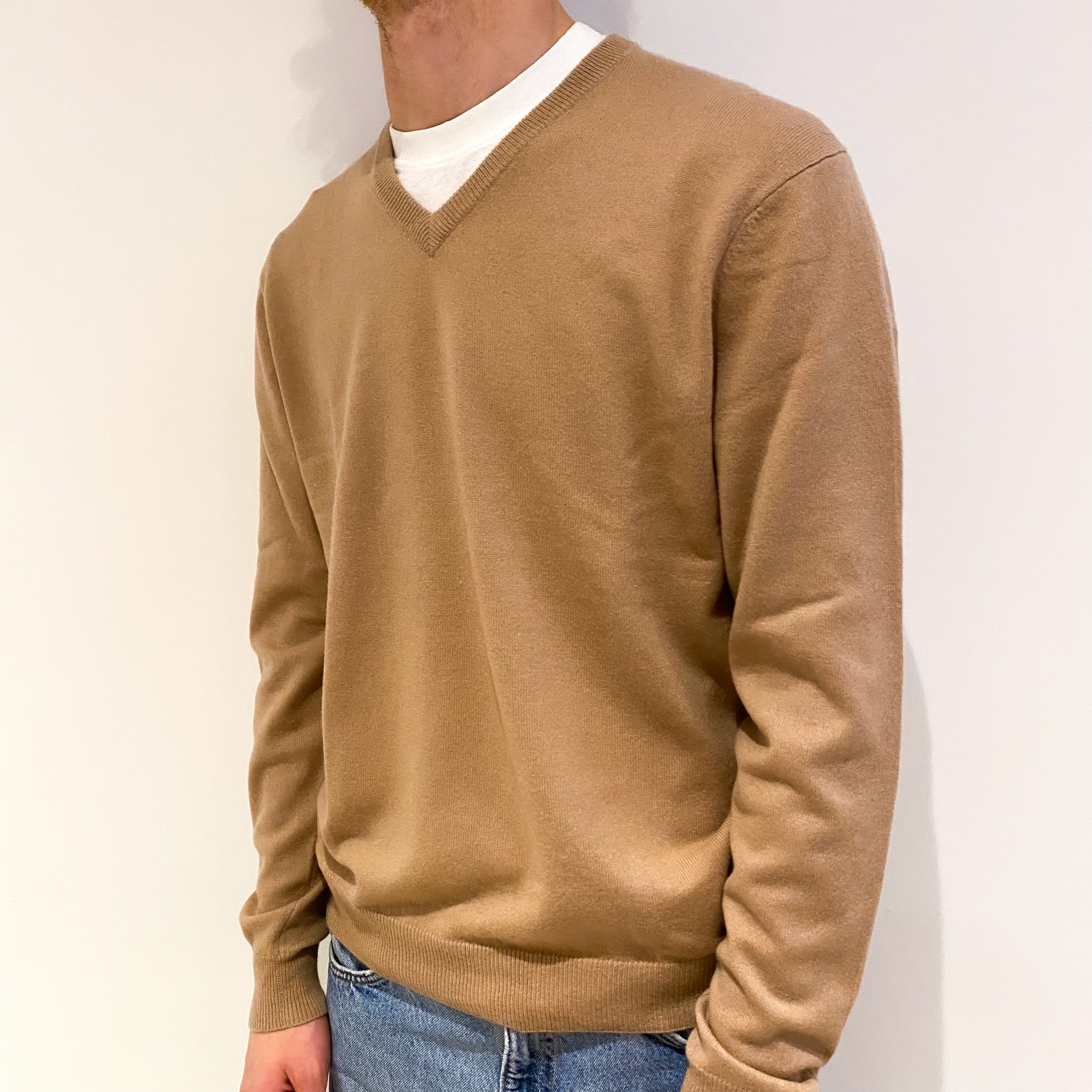 Men's Caramel Brown Cashmere V-Neck Jumper Medium