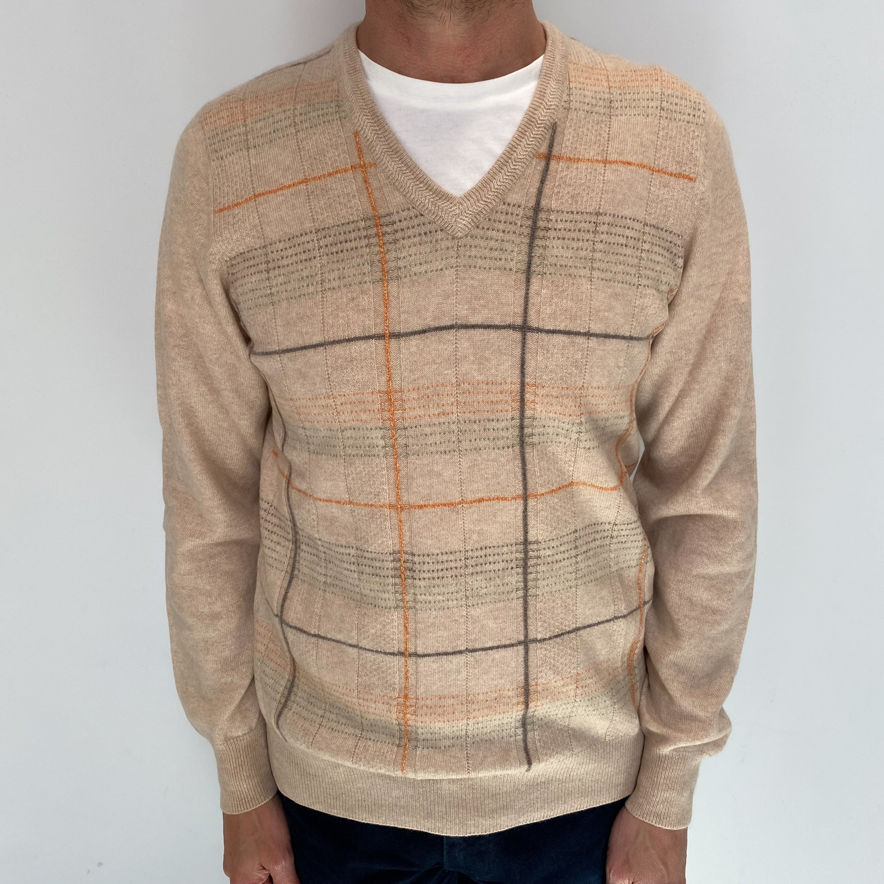 Men's Biscuit Checked Cashmere V Neck Jumper Small