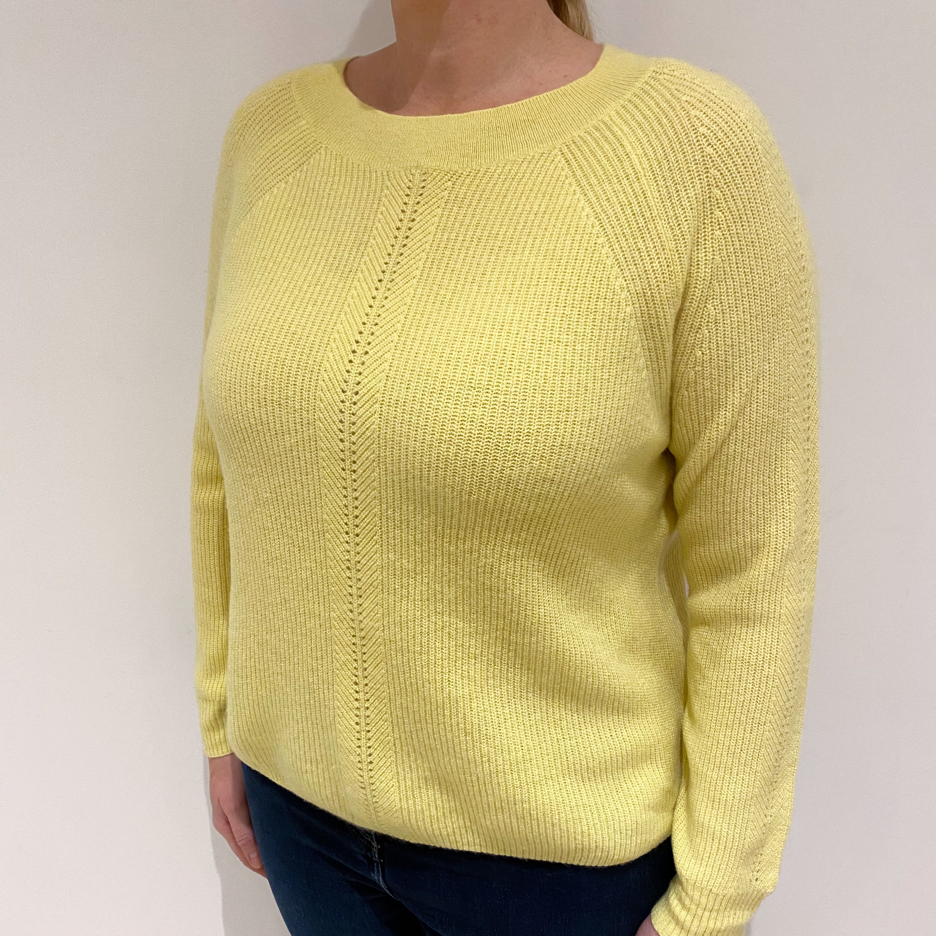 Lemon Yellow Rib Cashmere Crew Neck Jumper Large