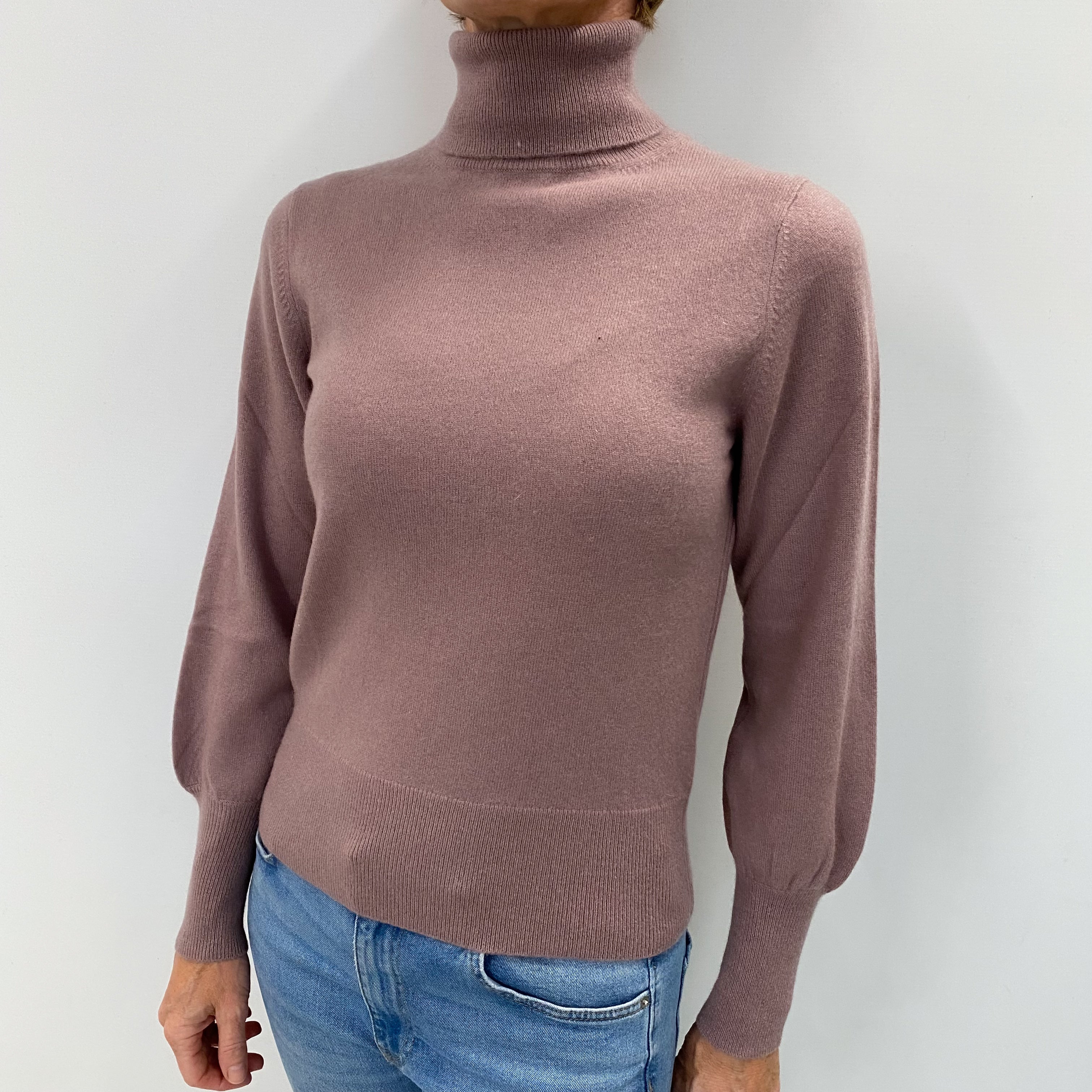 Blush Brown Blouse Sleeve Cashmere Polo Neck Jumper Small