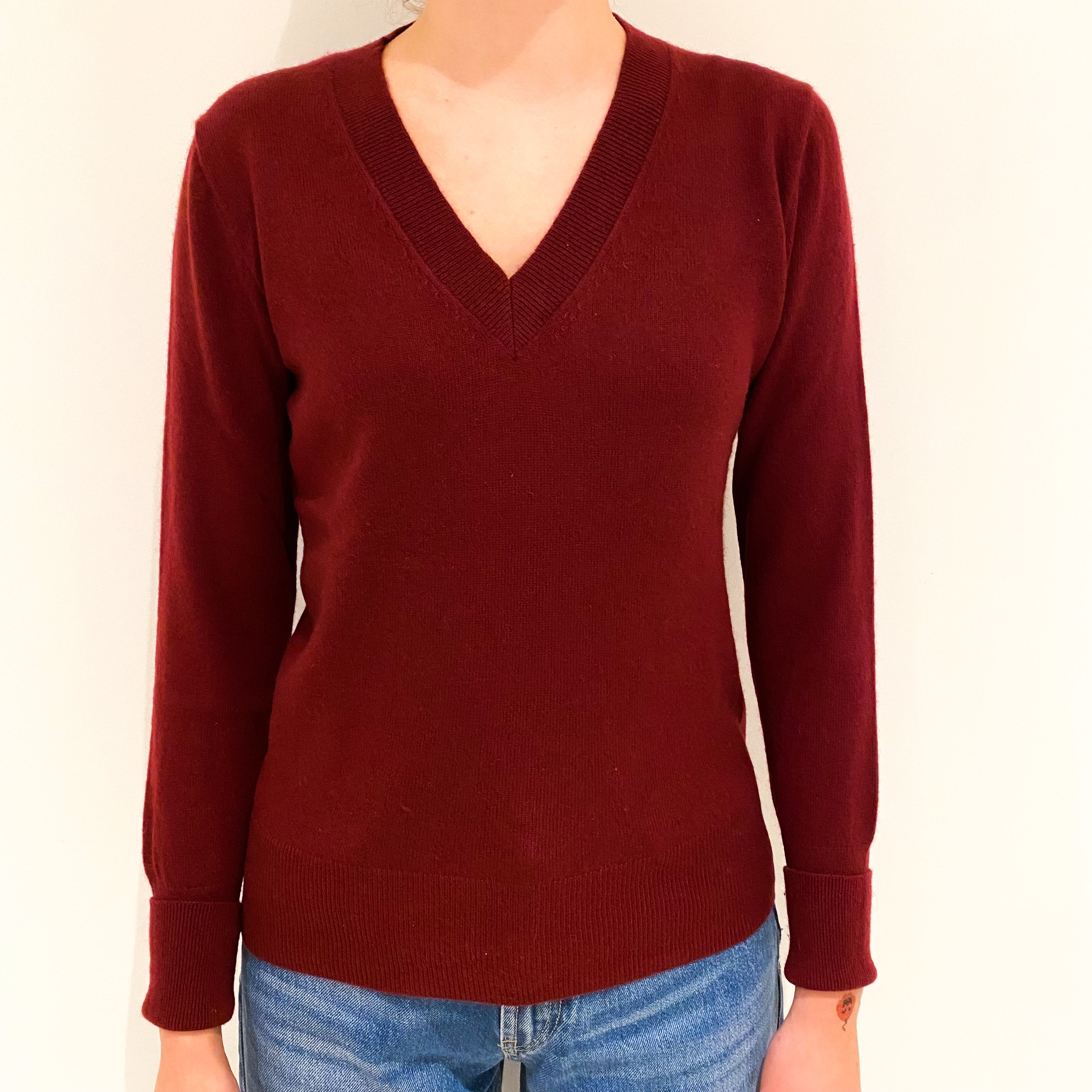 Burgundy Red Cashmere V-Neck Jumper Extra Small