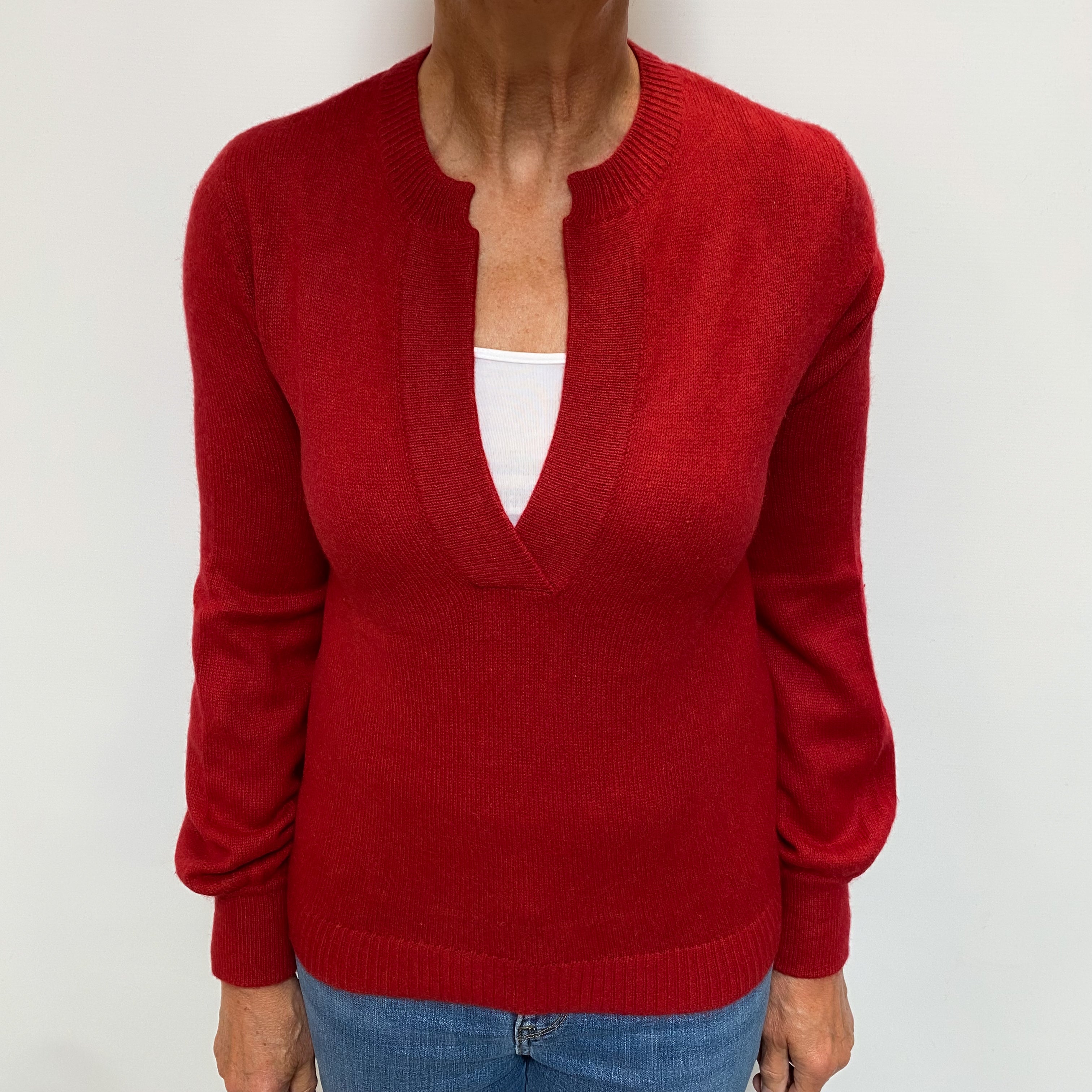 Crimson Red Cashmere Notch V Neck Jumper Medium