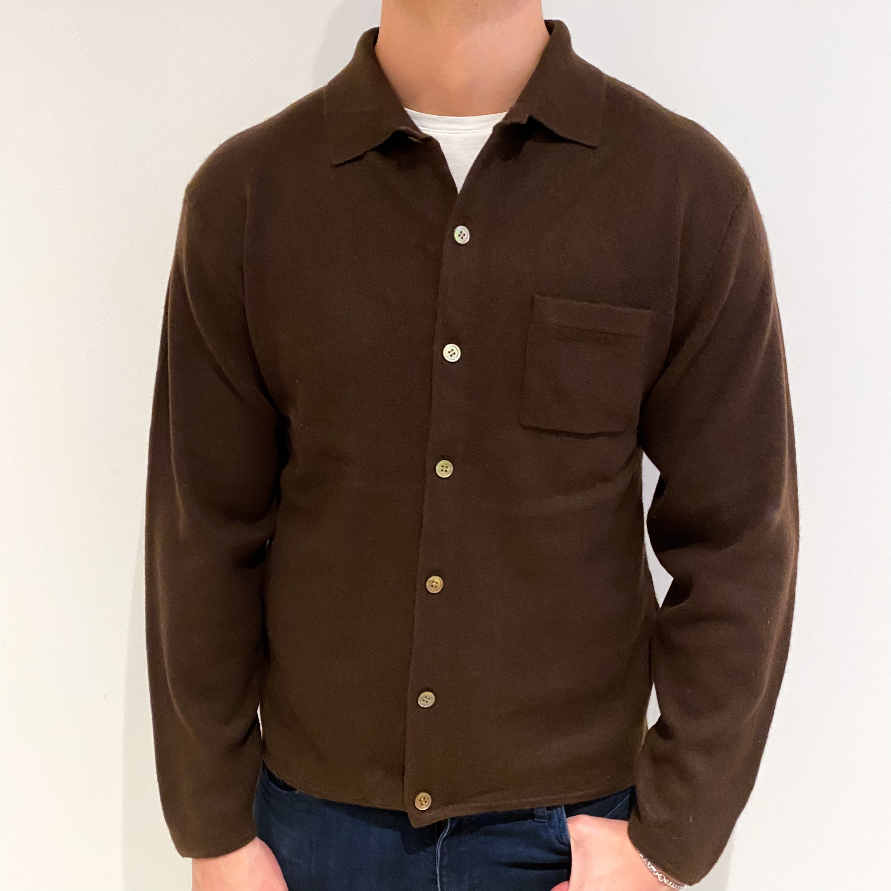 Men's Dark Chocolate Brown Cashmere Crew Neck Collared Cardigan XL