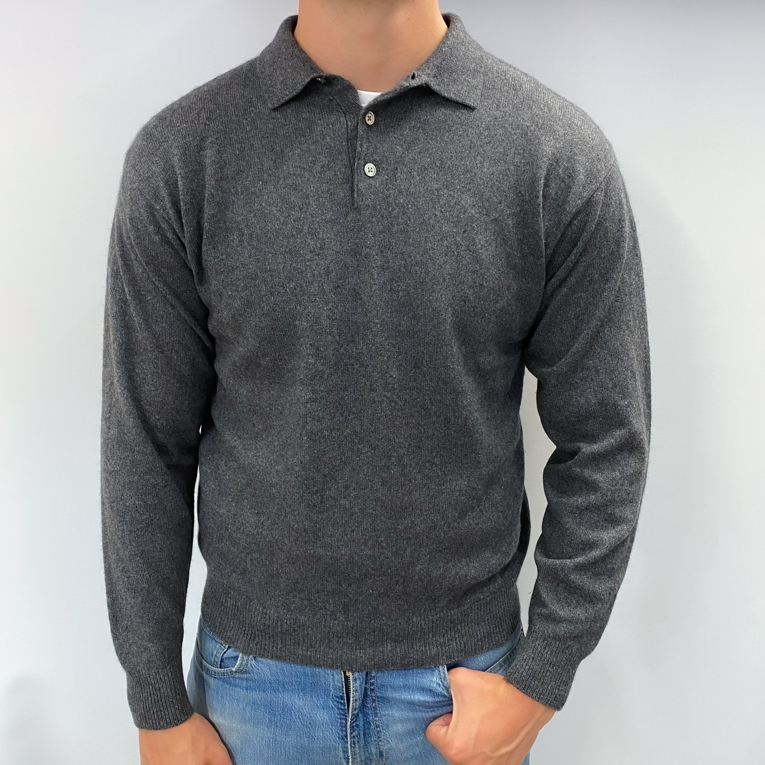 Men's Slate Grey Cashmere Collared 1/4 Button V Neck Jumper XXL