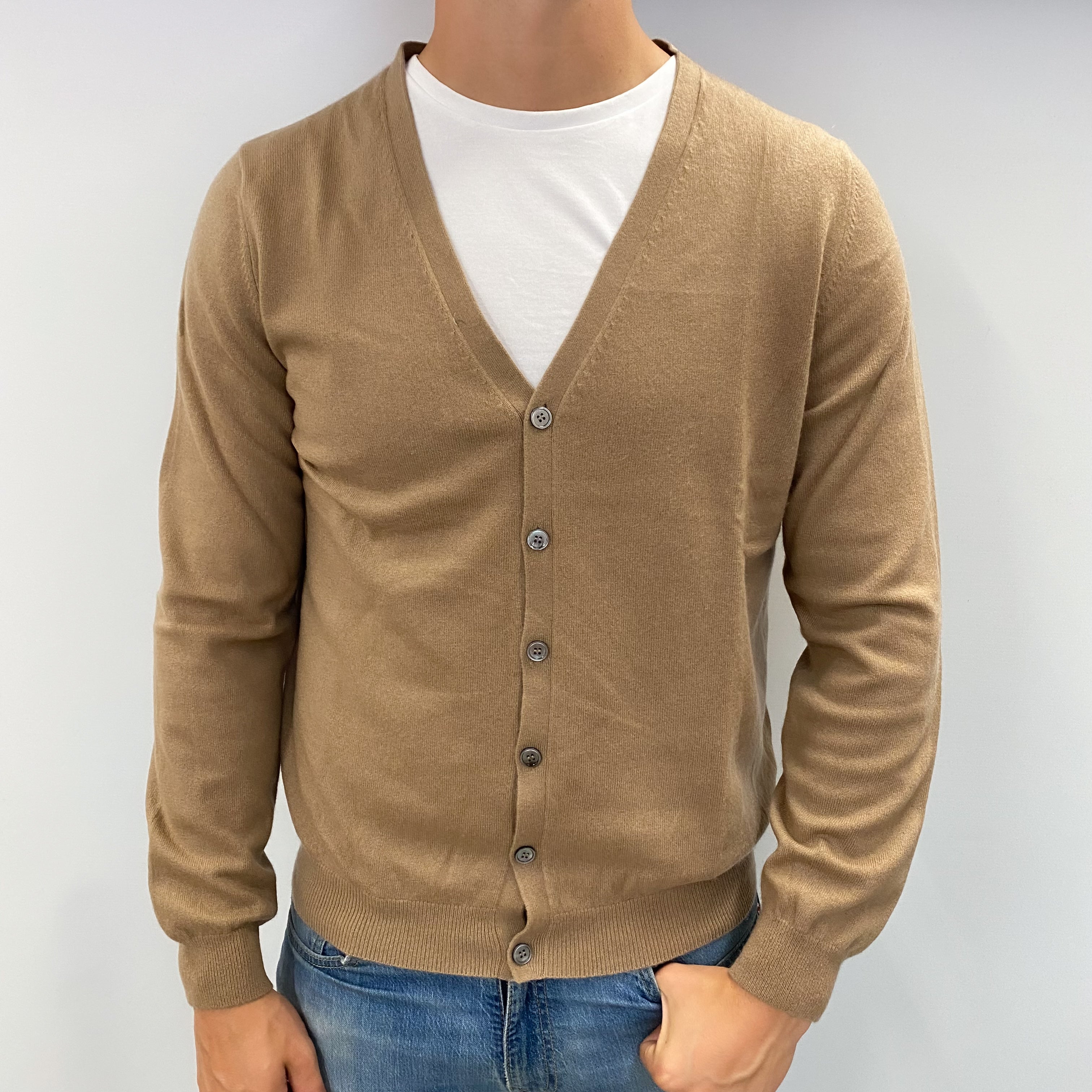Men's Toffee Brown Cashmere V Neck Cardigan XL