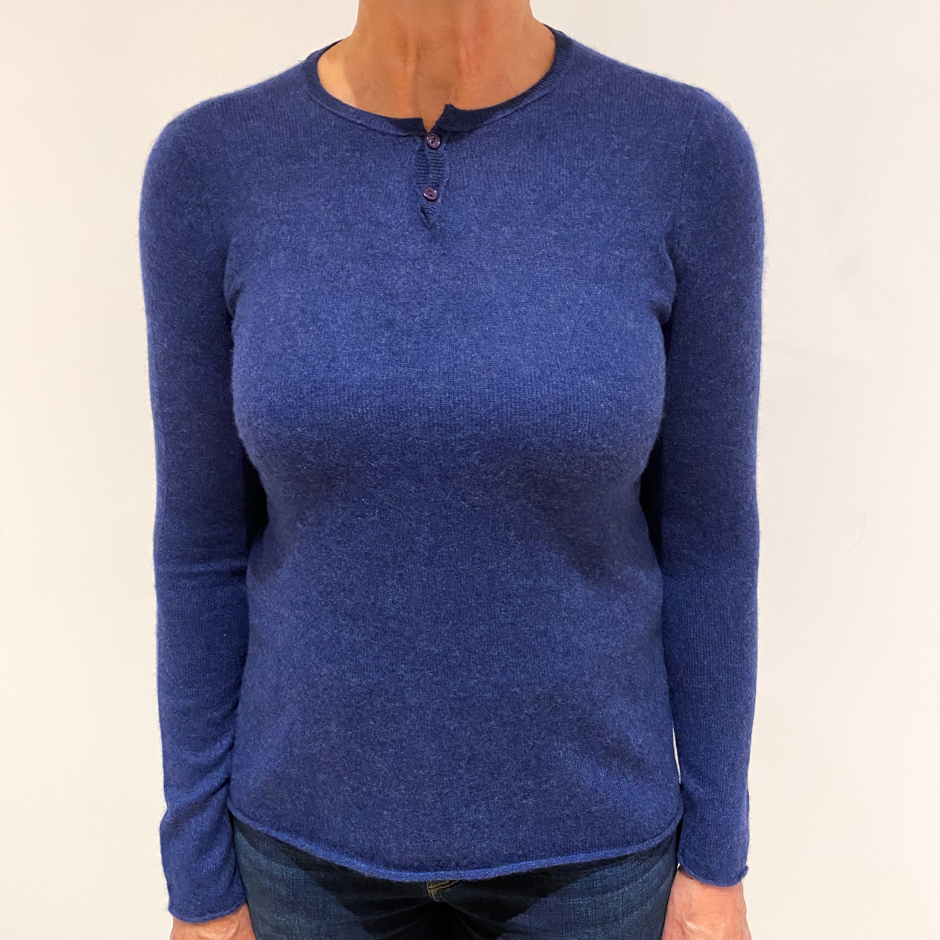 Navy Blue Buttoned Cashmere Crew Neck Jumper Medium