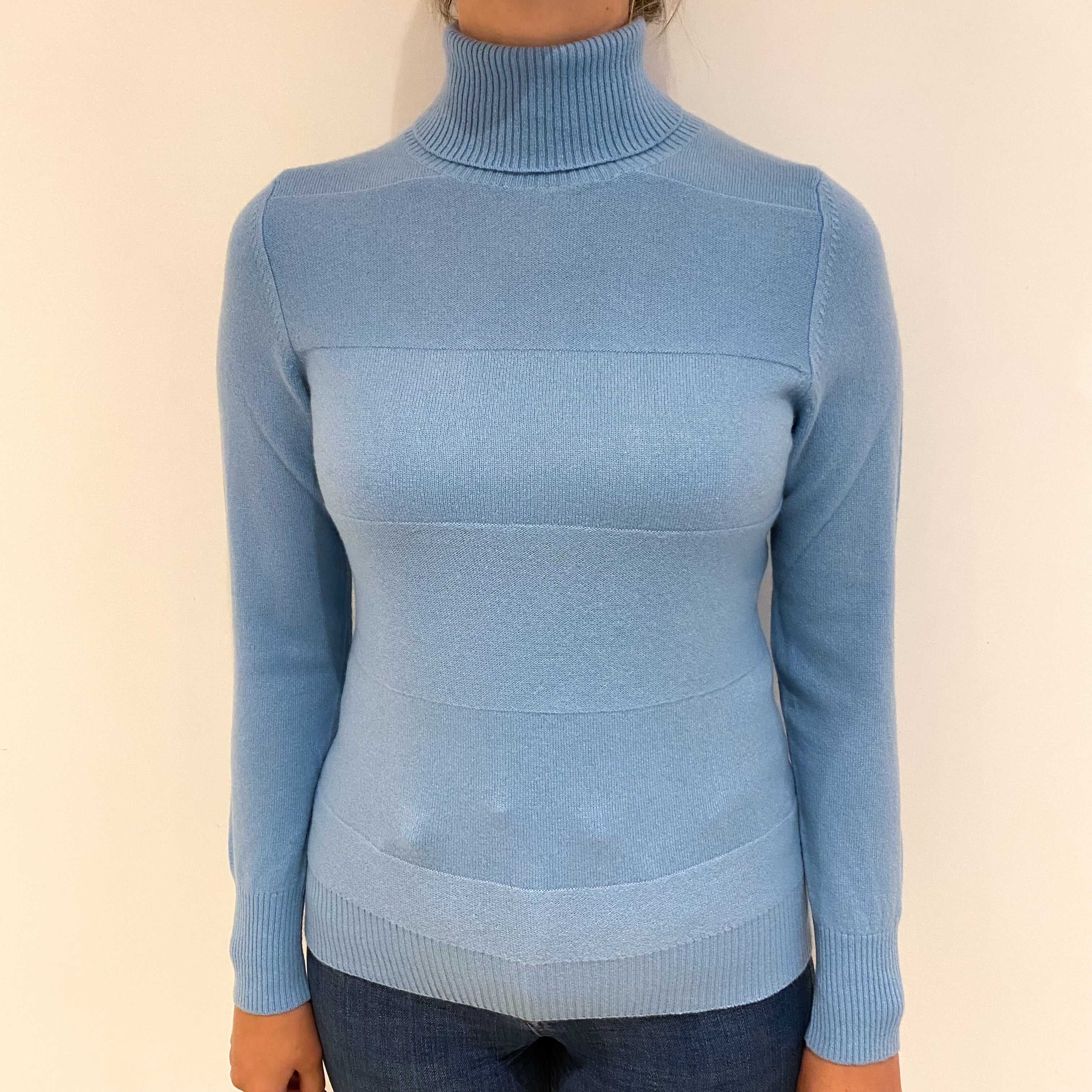Sky Blue Stripe Knit Cashmere Polo Neck Jumper Small