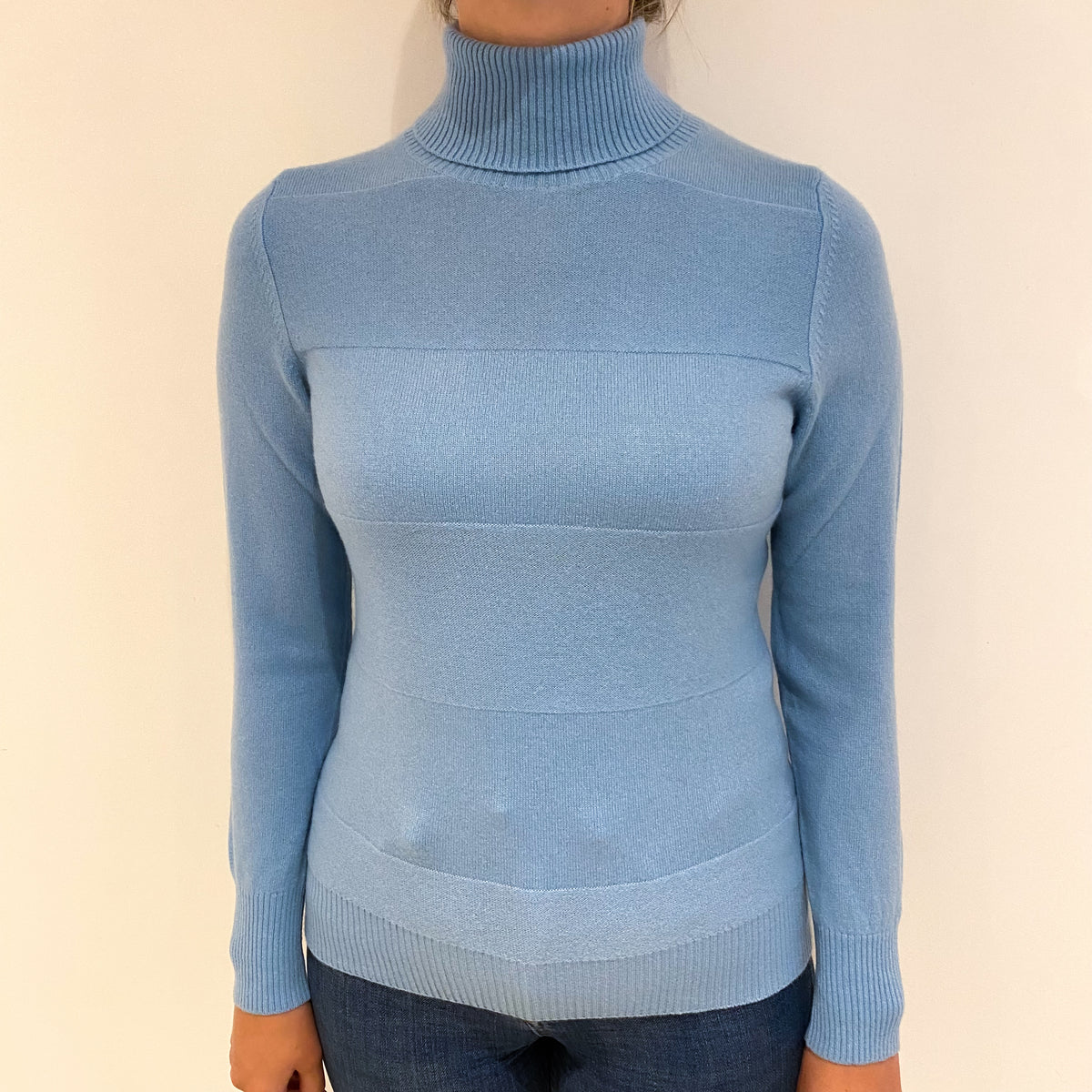 Sky Blue Stripe Knit Cashmere Polo Neck Jumper Small