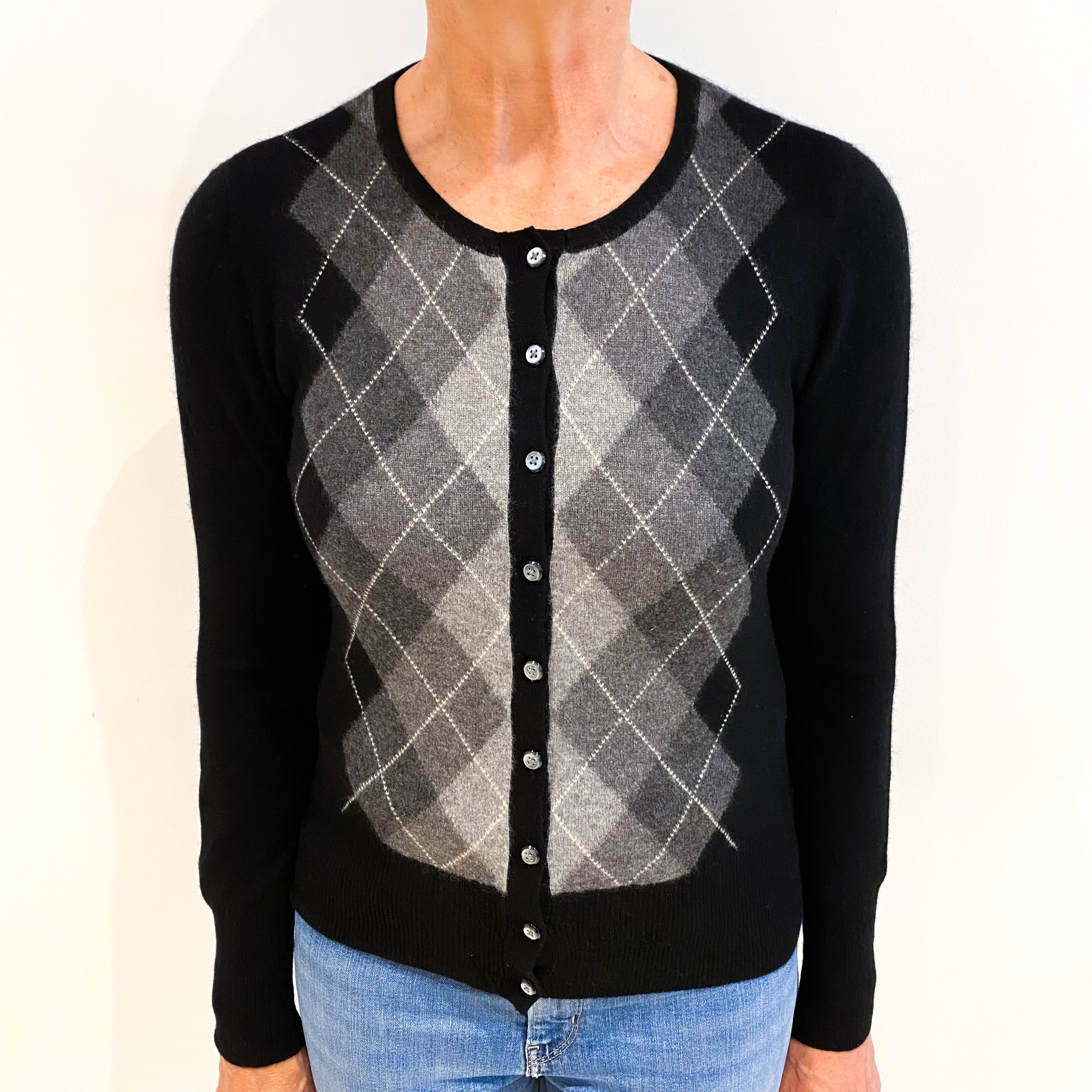 Black Argyle Cashmere Crew Neck Cardigan Medium